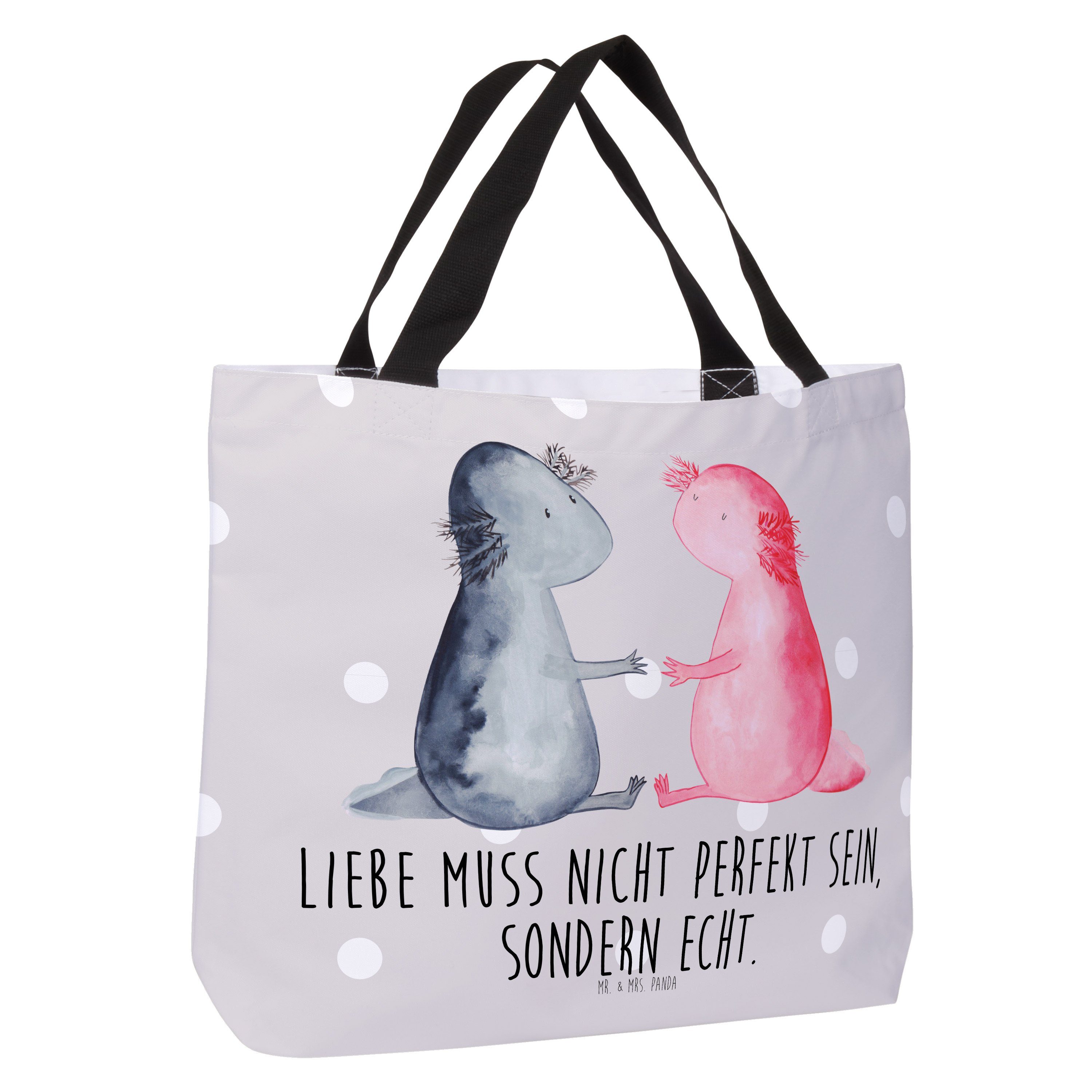 Mrs. Liebe Panda & Grau Mr. - - Shopper (1-tlg) Tra Pastell Strandtasche, Axolotl glücklich, Geschenk,