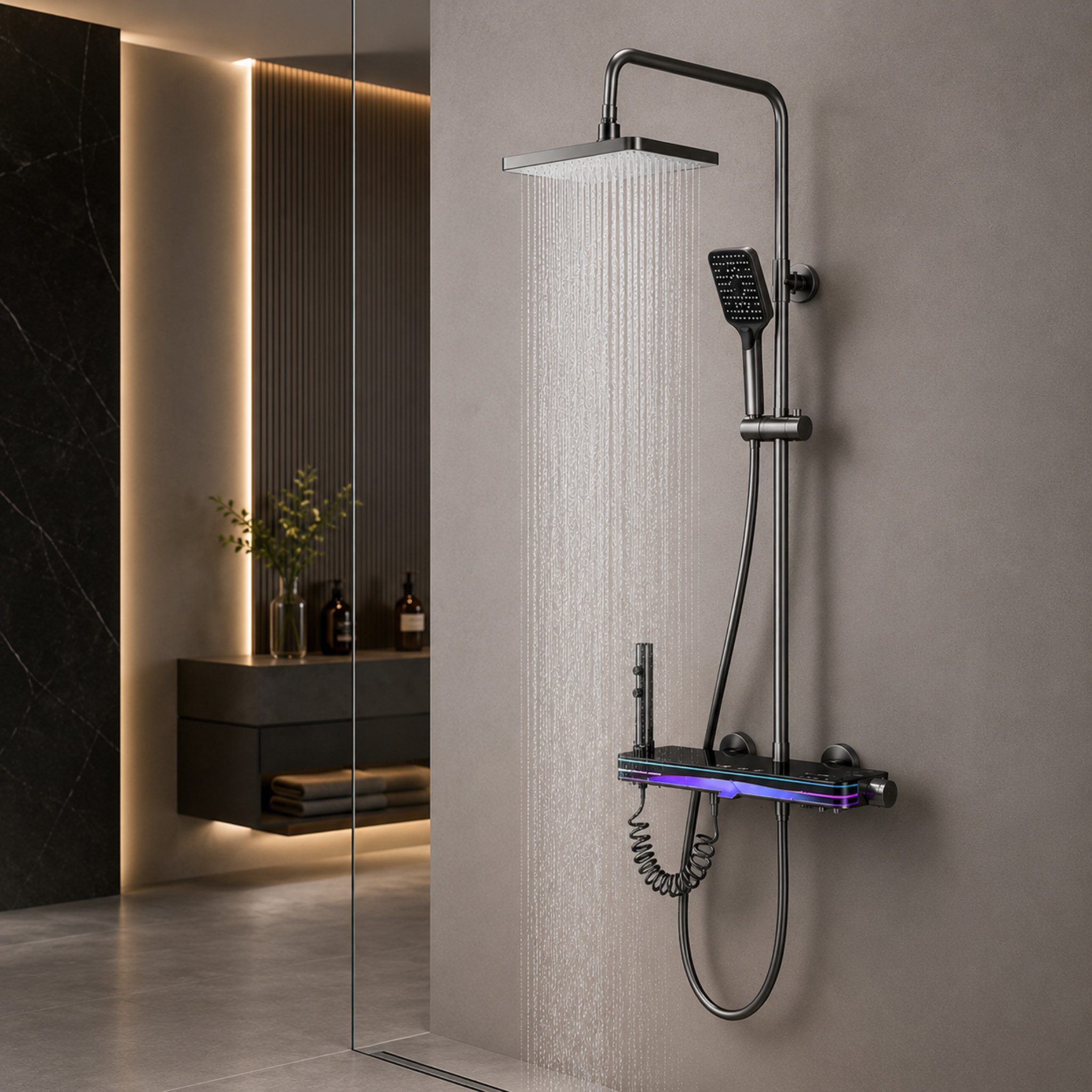 LuxaSteel Duscharmatur Duschsystem Regendusche LED Thermostat 4in1 (Komplettset inklusive Regendusche, Handbrause und Thermostatarmatur, Komplettset inklusive Regendusche, Handbrause und Thermostatarmatur) LED, Display, Wasserfall, Thermostat & praktische Ablagefläche
