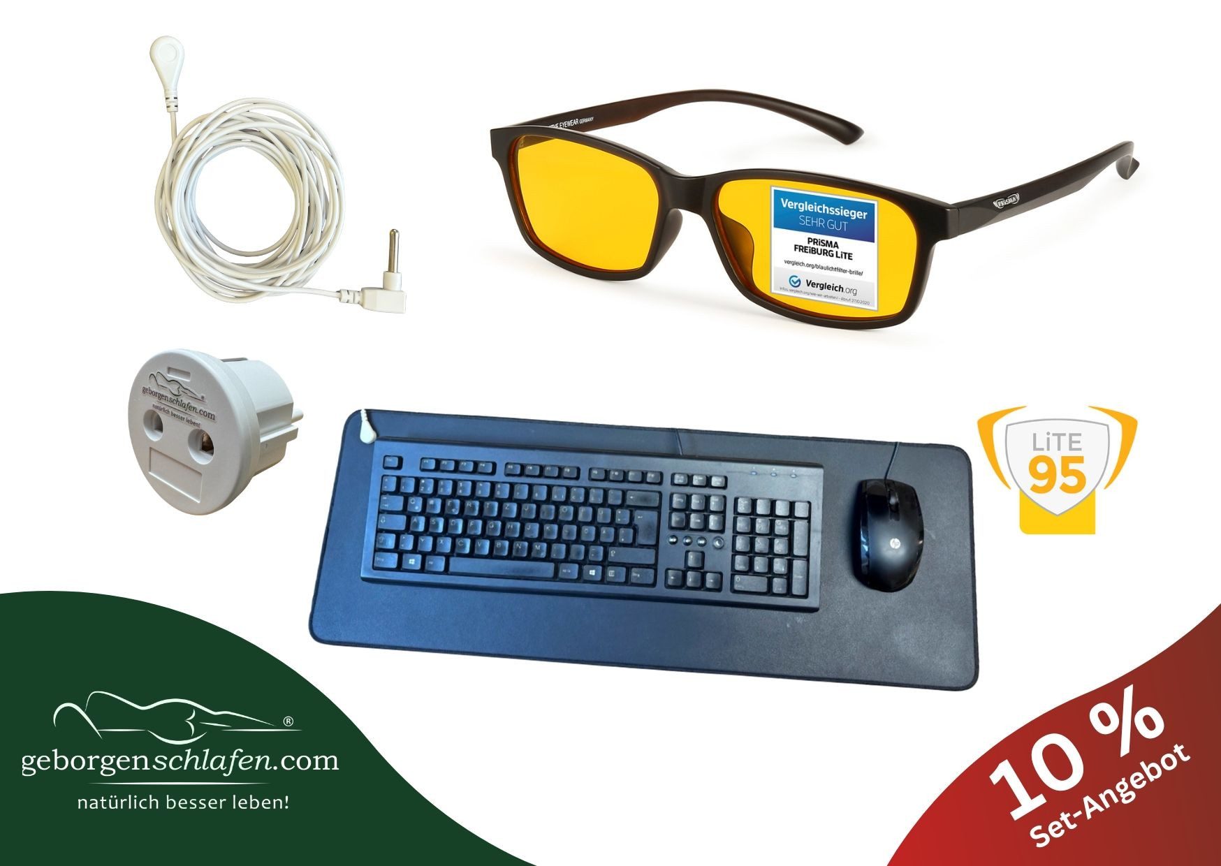 geborgenschlafen Brille Arbeitsplatz Energie Set LIGHT – Brille, Erdungsmatte & Zubehör, Gesundheits Set Büro – Blaulichtschutz Brille, Matte, Kabel & Stecker