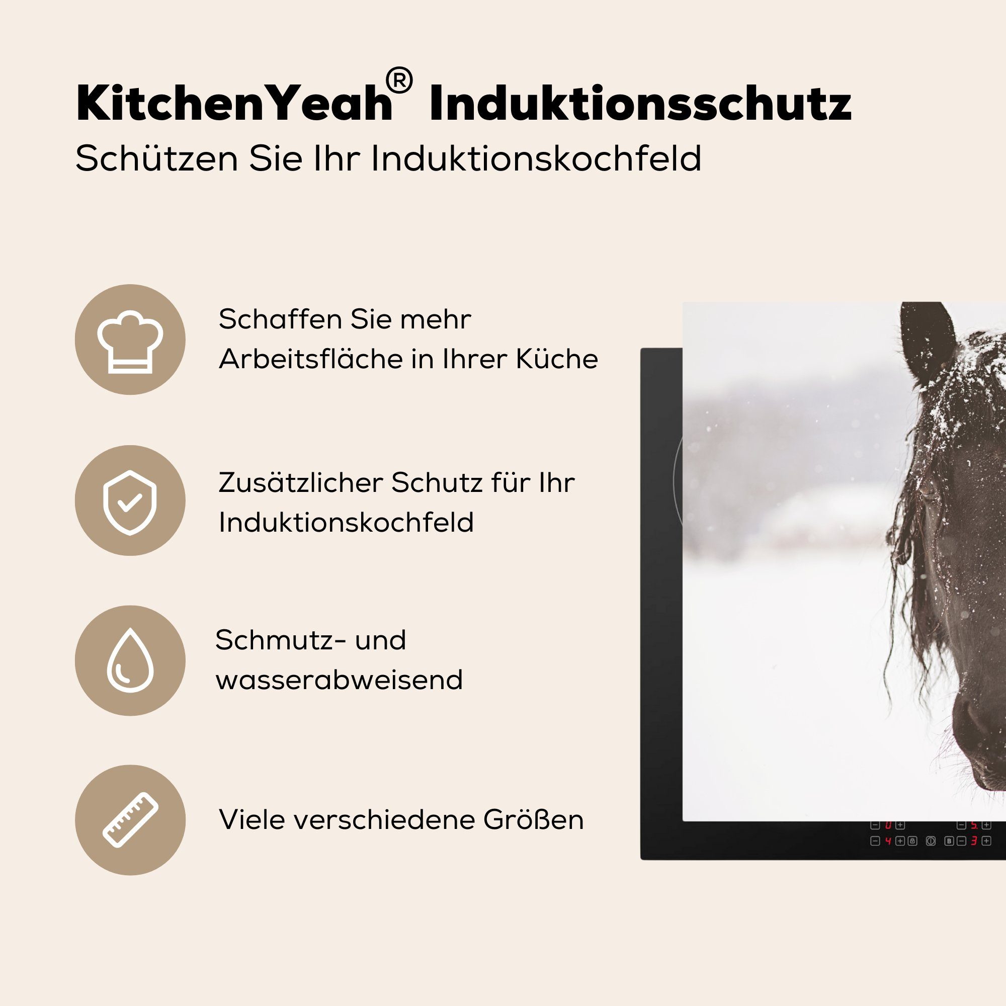 Schutz (1 für Herdblende-/Abdeckplatte cm, 81x52 Vinyl, Ceranfeldabdeckung Friesisches MuchoWow tlg), Pferd Schnee, Induktionskochfeld im die küche,