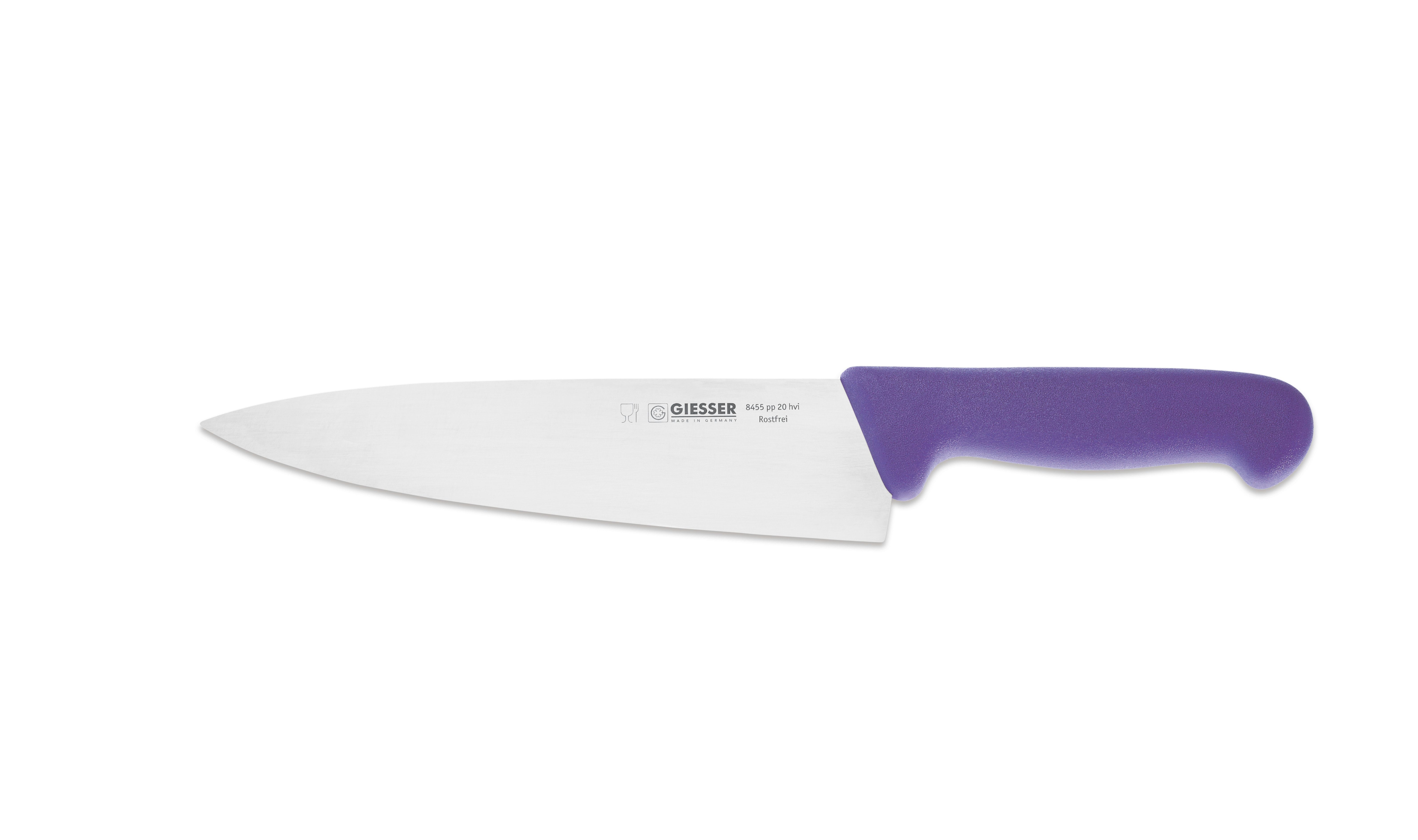 Giesser Messer Kochmesser Küchenmesser breit 8455, Rostfrei, breite Form, scharf, Handabzug, Ideal für jede Küche halal violett