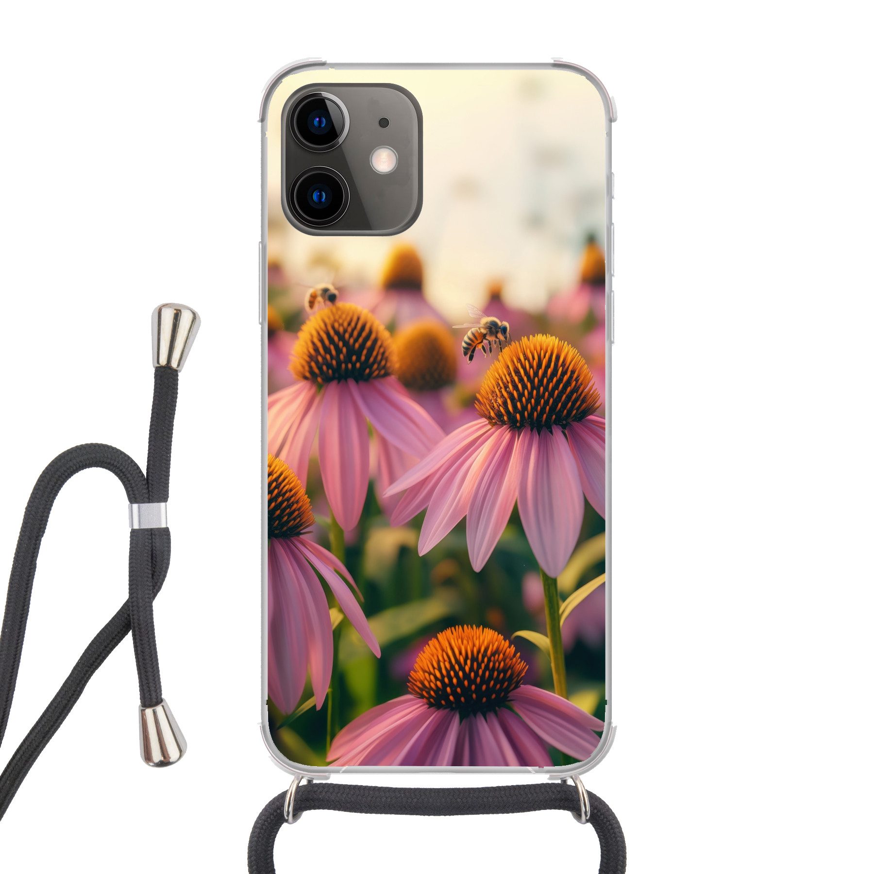 MuchoWow Handyhülle für Apple iPhone 12 Blumen - Lila - Bienen, Tragbare Handyhüllen mit Kette zum umhängen, Handykette Handyband