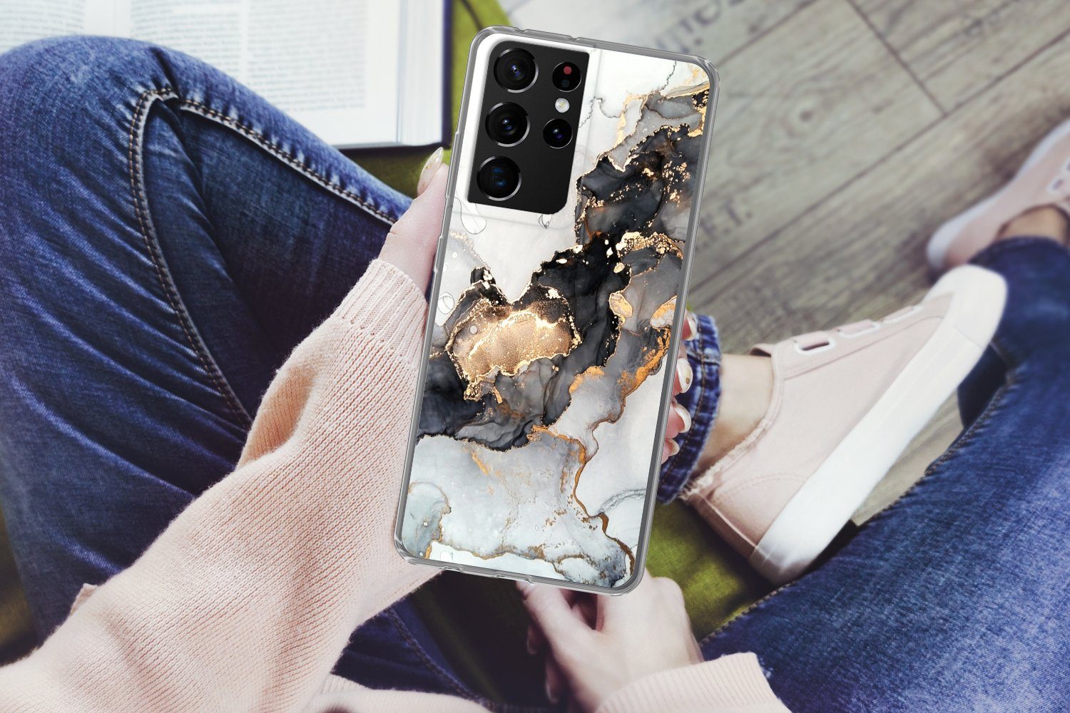MuchoWow Handyhülle für Samsung Galaxy S21 Ultra Marmor - Schwarz - Weiß - Gold - Luxus -, Phone Case, Silikon, Schutzhülle Dünn