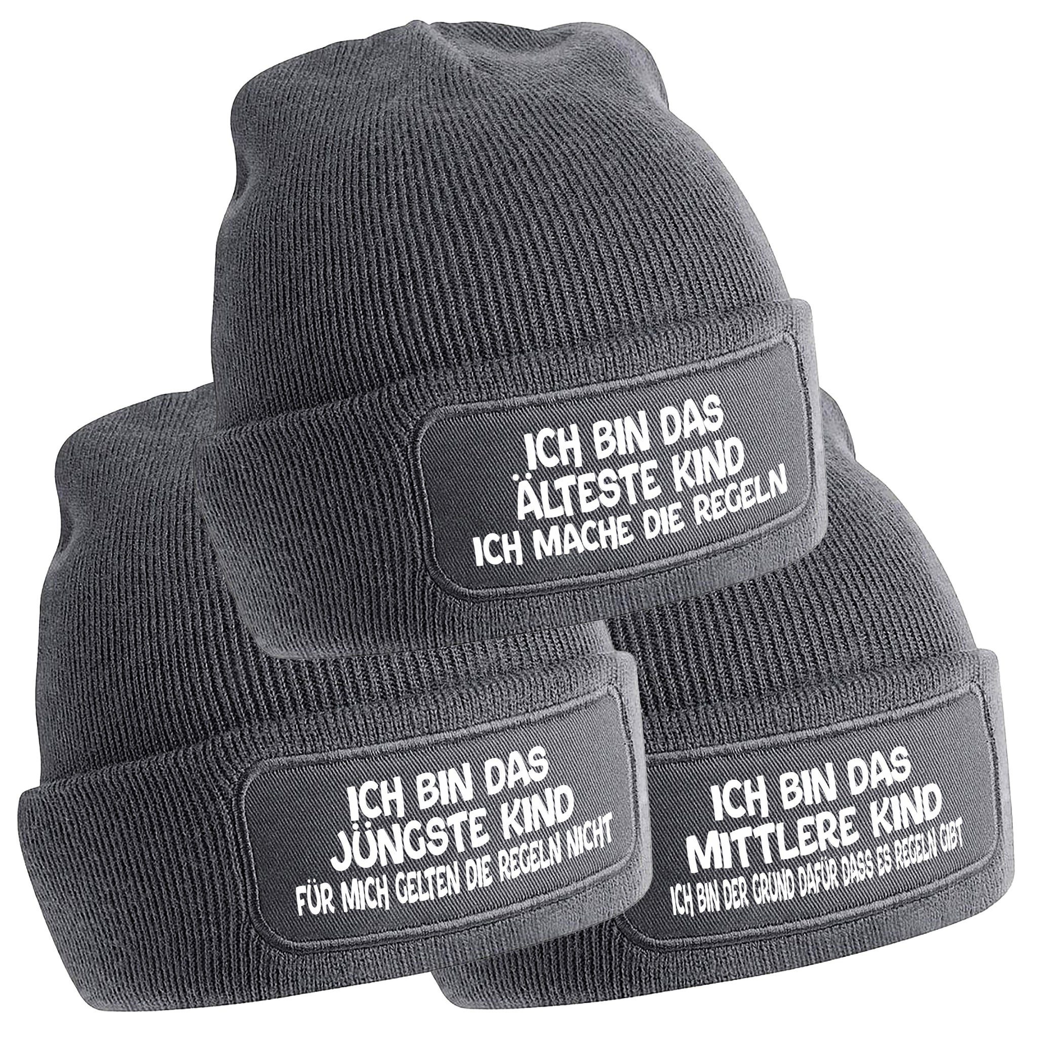 Beanie 3er Set Beanies Strickmütze mit Spruch ICH BIN DAS JÜNGSTE KIND - ICH