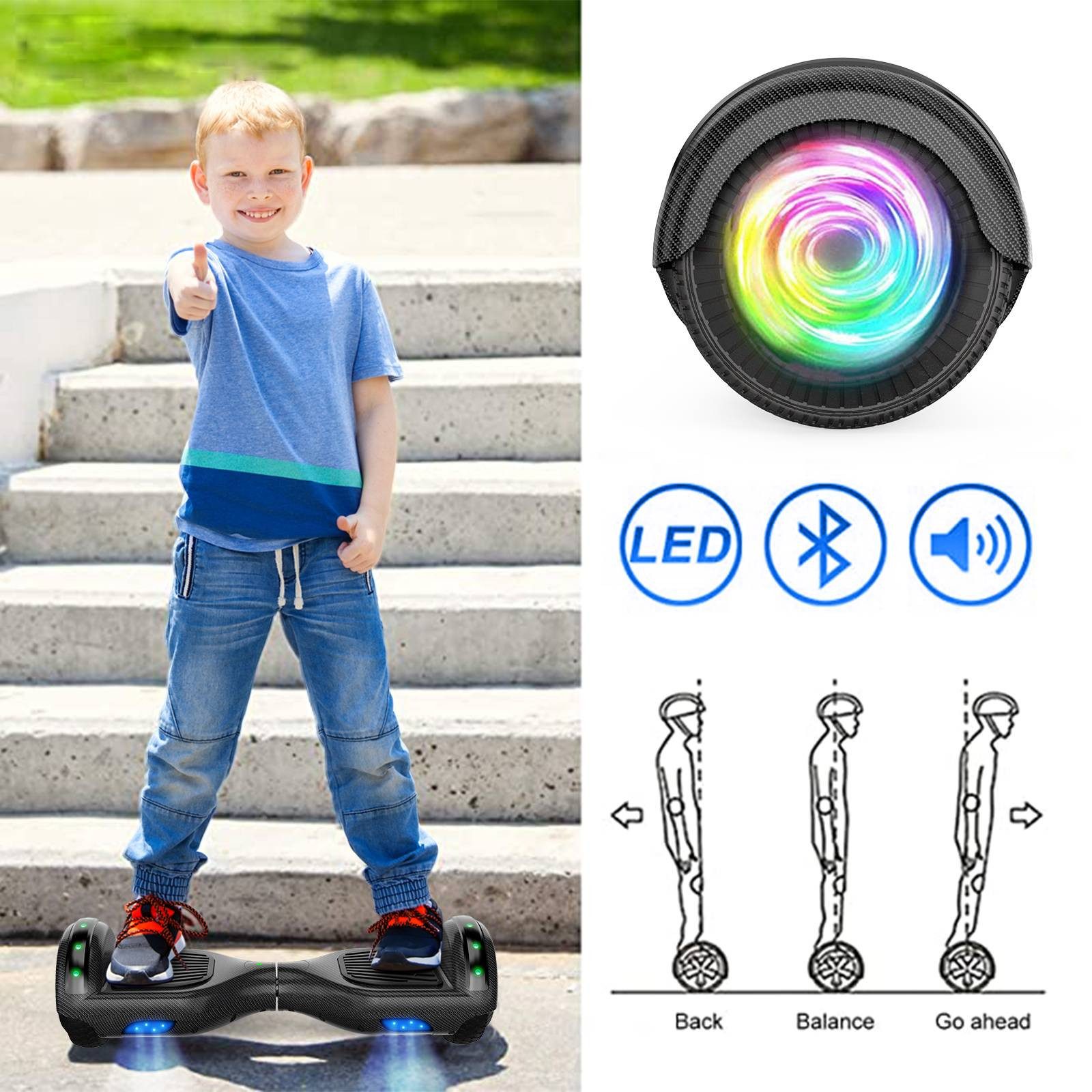 SISIGAD Balance Scooter Kart HY-A02 6,5 Zoll Dualmotorräder, Hoverboard mit kart,LED, Bluetooth, 10 km/h, Hoverboards mit Sitz&LED-Licht und Bluetooth