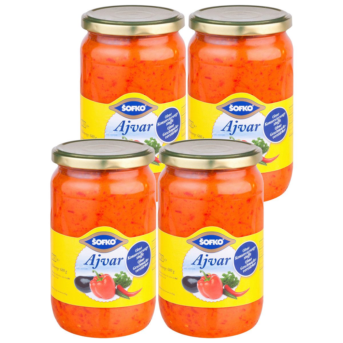 SOFKO Saucen, Sofko Ajvar Paprika und Aubergine Gemüsezubereitung 680g 4er Pack