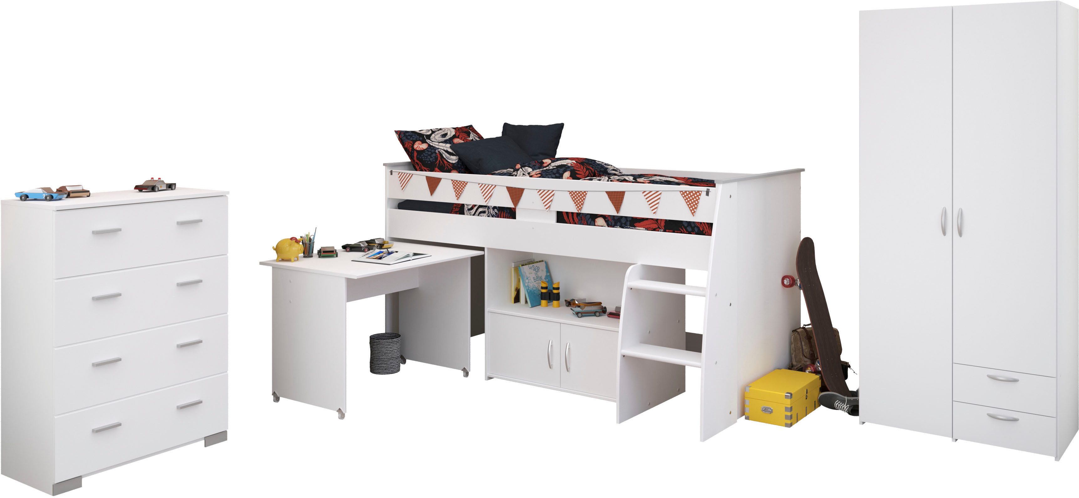 Parisot Jugendzimmer-Set Parisot, Reverse 11, (3-tlg), ausziehbarer Schreibtisch auf Rollen, viel Stauraum, Kleiderschrank