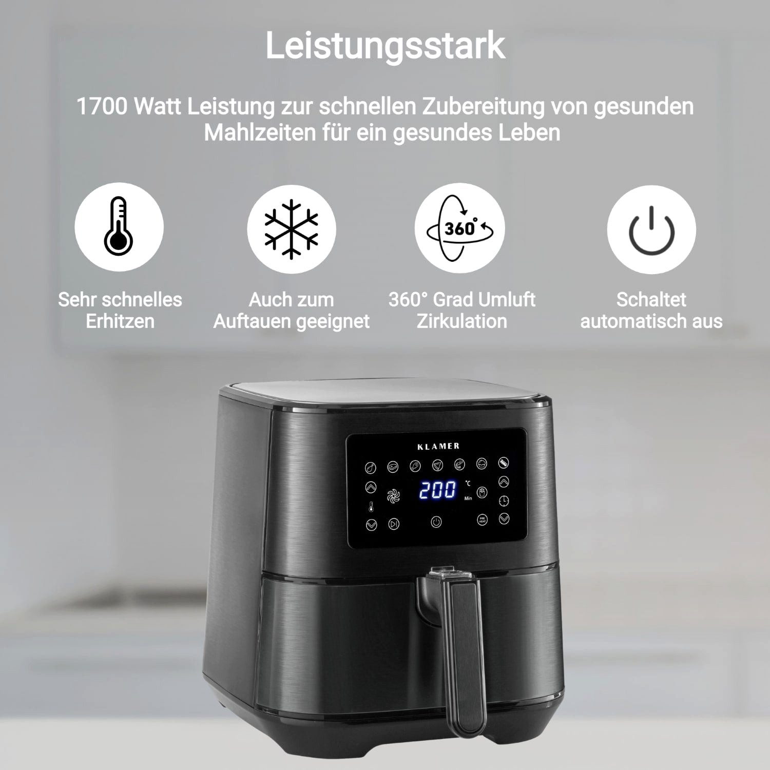 KLAMER Heißluftfritteuse XL 5,5l, Multifunktionale Heissluftfritteuse, ölfreie Fritteuse, 1700W Airfryer, 1700 W, LED Display, Antihaftkorb, Voreingestellte Kochprogramme, Cool-Touch