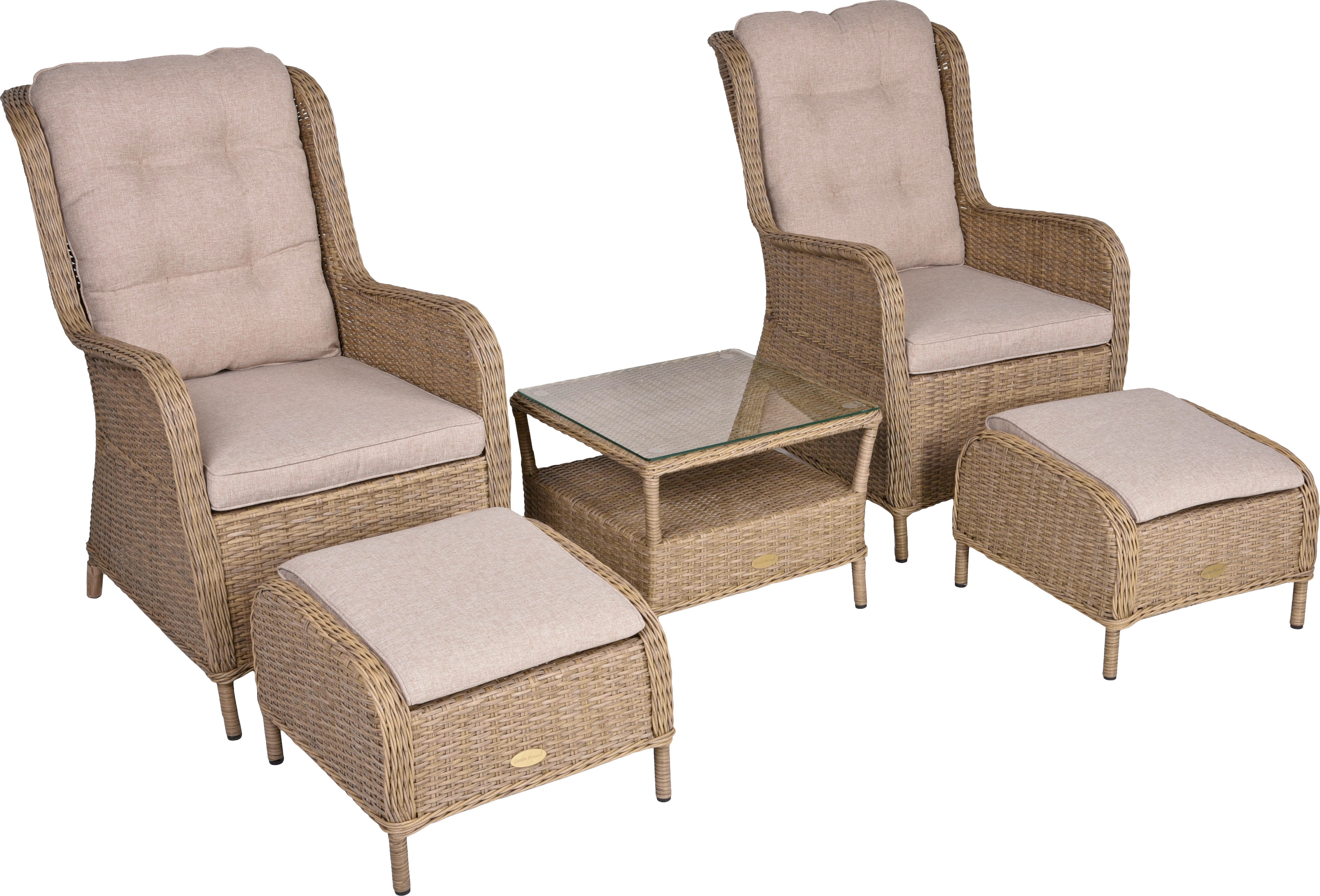 Garden Pleasure Garten-Essgruppe, Sessel-Set »VALENCIA«, (Set), 2 Sessel, 2 Hocker, Tisch LxB: 54x43 cm, inkl Auflagen