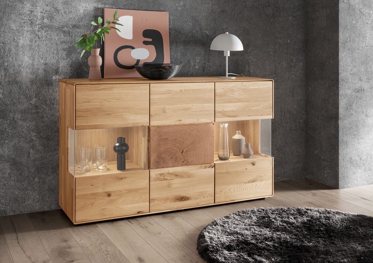 Main Möbel Sideboard Sideboard mit Glastüren 150cm "Belfast" Wildeiche massiv