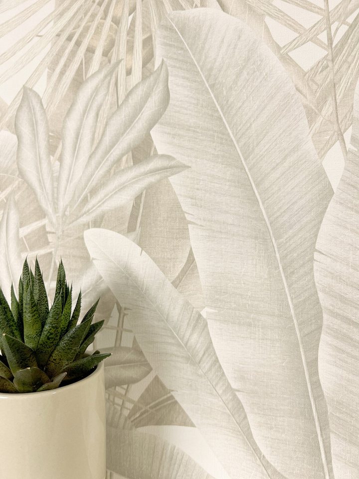 Newroom Vliestapete Bamba Creme Tapete Mustertapete Dschungel,Palmen,Blätter, Beige Tapete Modern Dschungel - Mustertapete Blumentapete Creme Hellgrau Tropisch Floral Palmen Blätter für Schlafzimmer Wohnzimmer Küche, Blumentapete