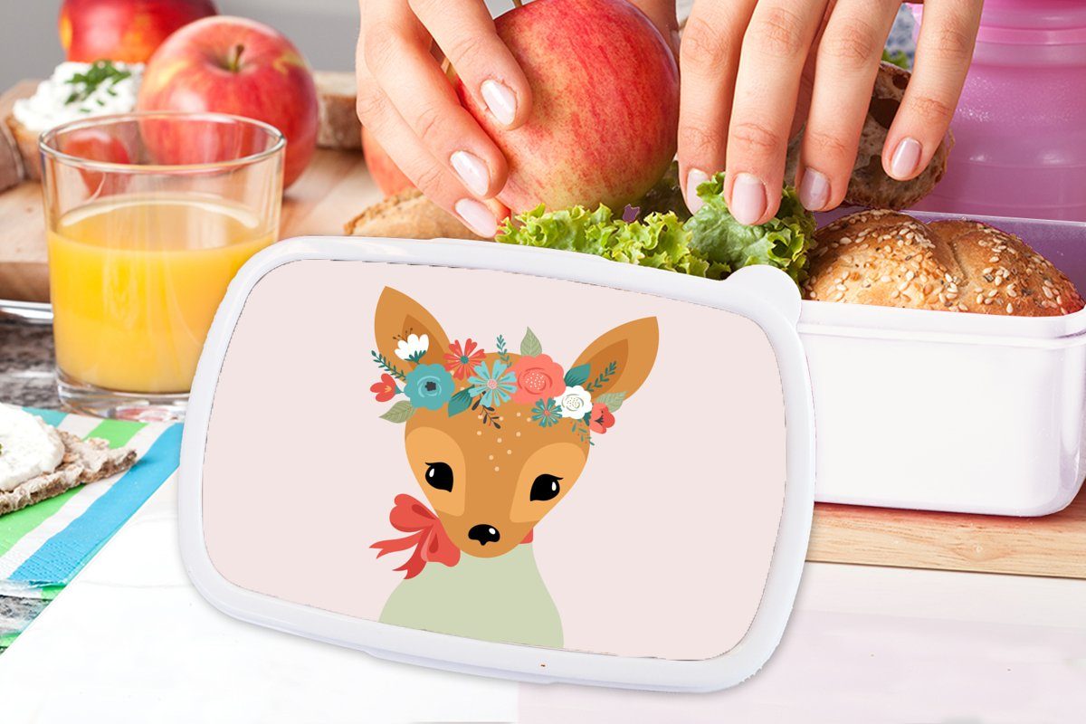 Brotbox für Erwachsene, weiß Kunststoff, - und Lunchbox - (2-tlg), Brotdose, Pastell Kinder und Jungs MuchoWow Mädchen Hirsche Blumen, für