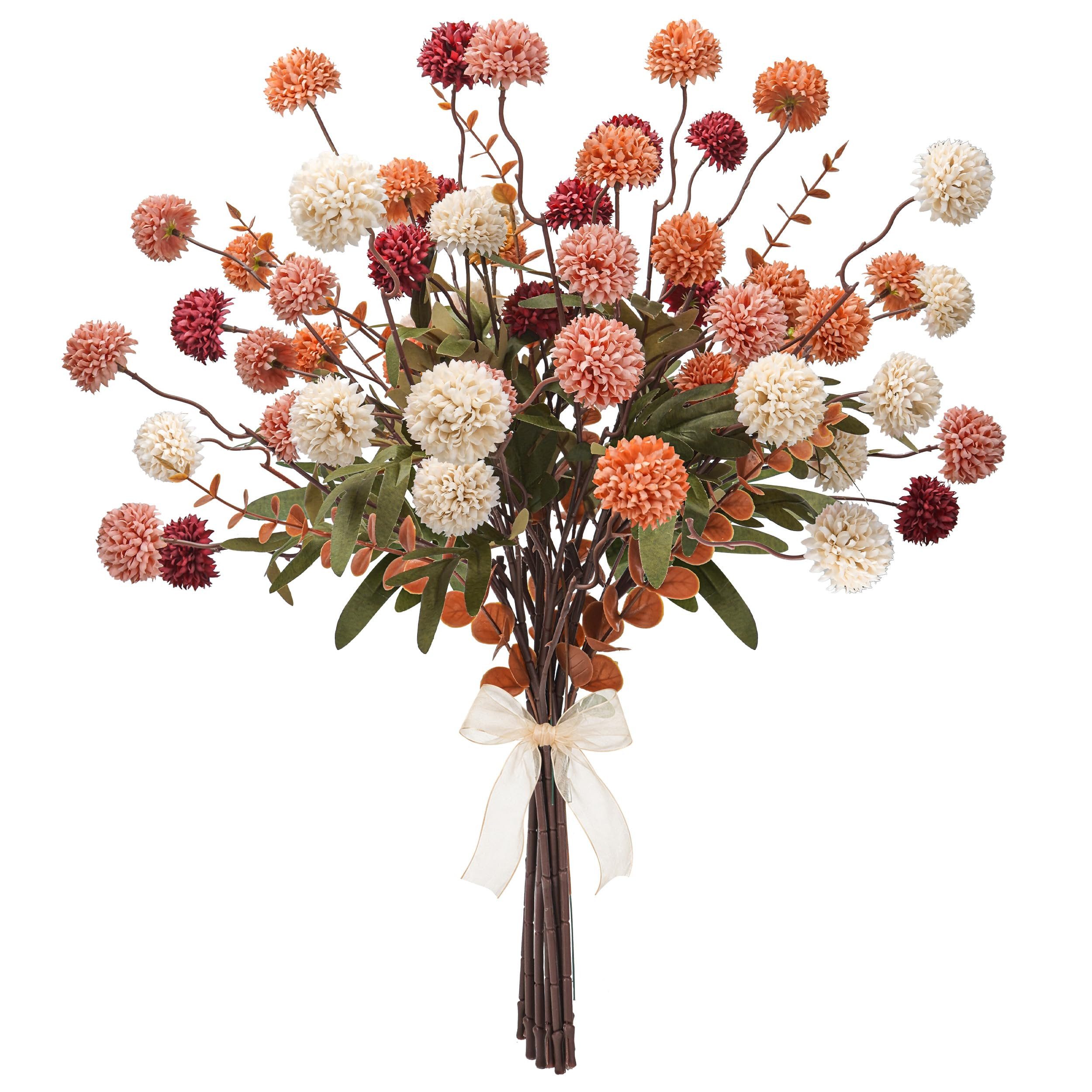 Kunstblume 18 Stück künstliche Herbstblumen, Pompon-Chrysanthemen und Eukalyptus, FOUORTUNATE-BEE, Herbststrauß für Tisch-, Wohnzimmer- und …