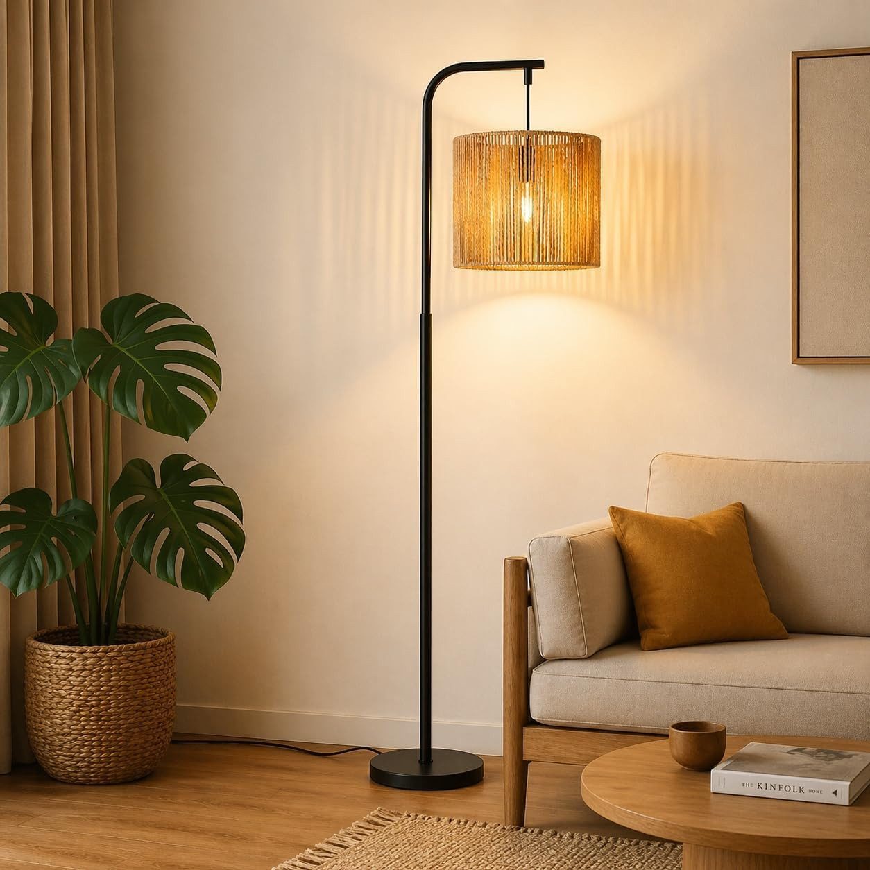 Nettlife Stehlampe Schwarz Vintage rattan Boho Standleuchte Fußschalter 164cm Bogenlampe, ohne Leuchtmittel, Leselampe für Schlafzimmer Terrasse Büro - E27 Fassung