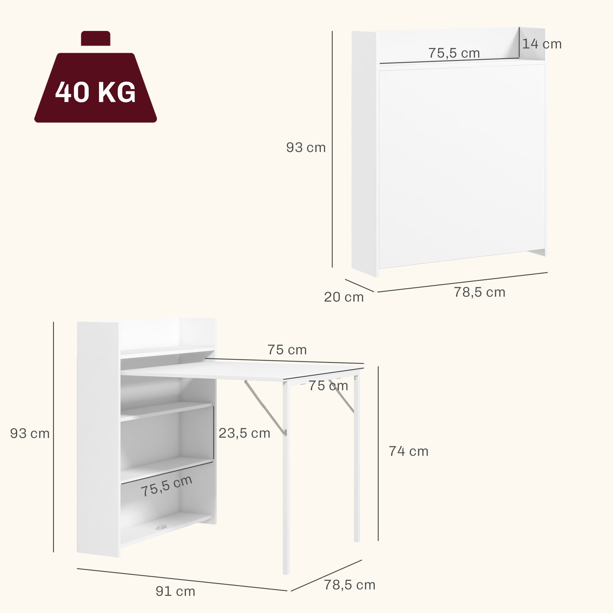 HOMCOM Klapptisch Esstisch Klappbar für 3 Personen mit 4-stufigen Regalen (Esszimmertisch, 1-St., Küchentisch), für kleine Räume, Küche, Esszimmer, 78,5 x 91 x 93 cm, Weiß