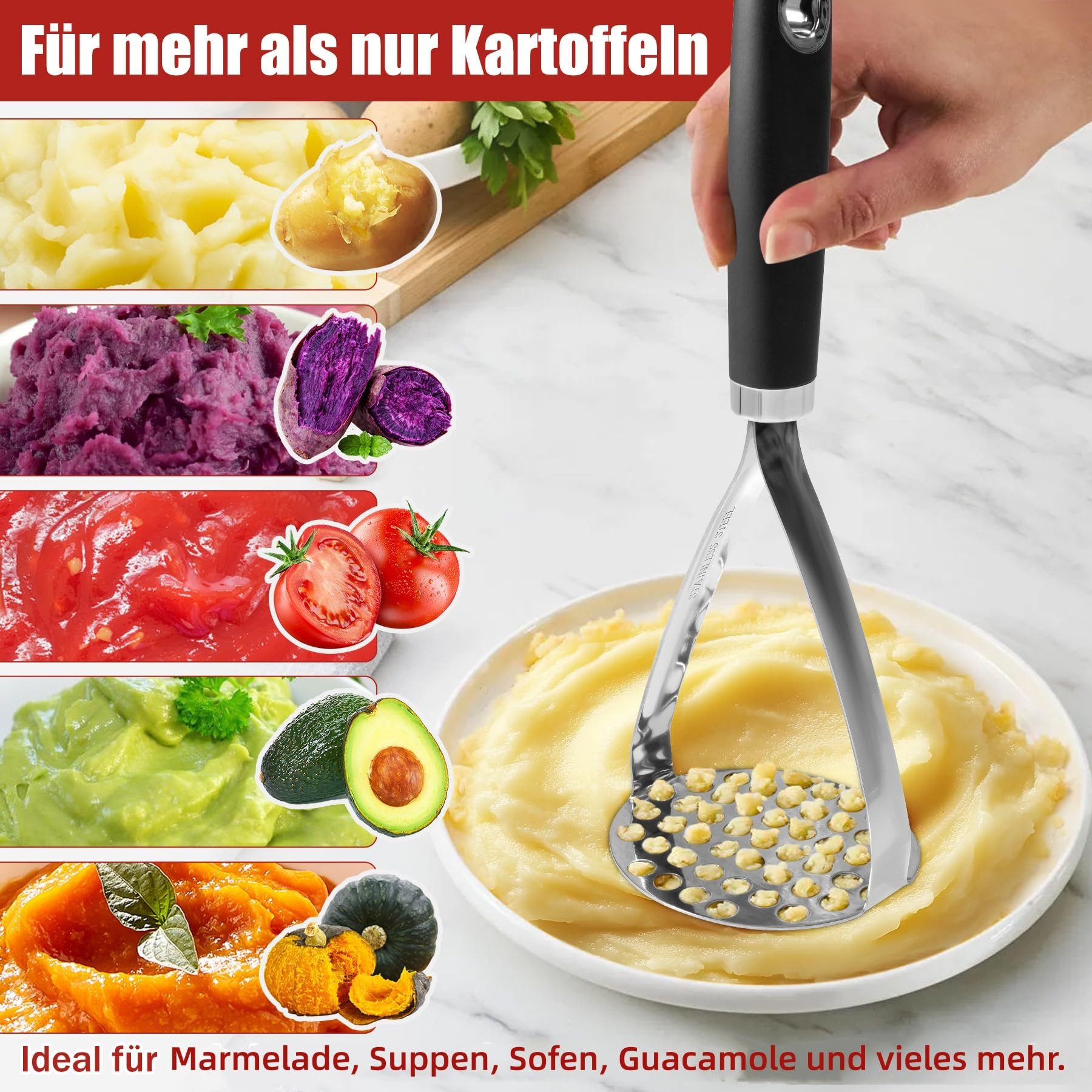 SURFOU Kartoffelstampfer Kartoffelstampfer Edelstahl - Stampfer Kartoffelpresse Mit Soft-Griff (1 St), Edelstahl, Hochbelastbar & Lebensmittelecht, Spülmaschinengeeignet Rutschfester