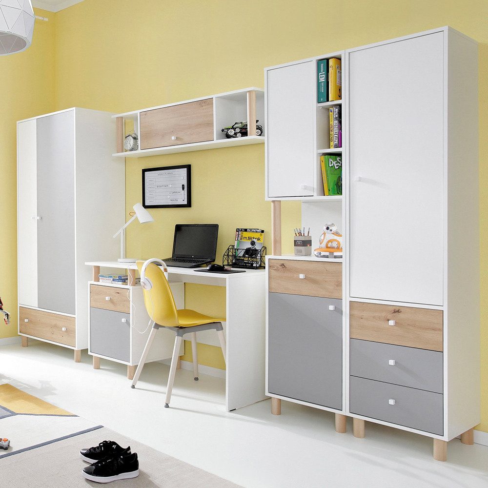 Lomadox Jugendzimmer-Set FAIRFAX-133, (Sparset, 5-tlg), mit Schreibtisch in weiß mit Eiche und grau