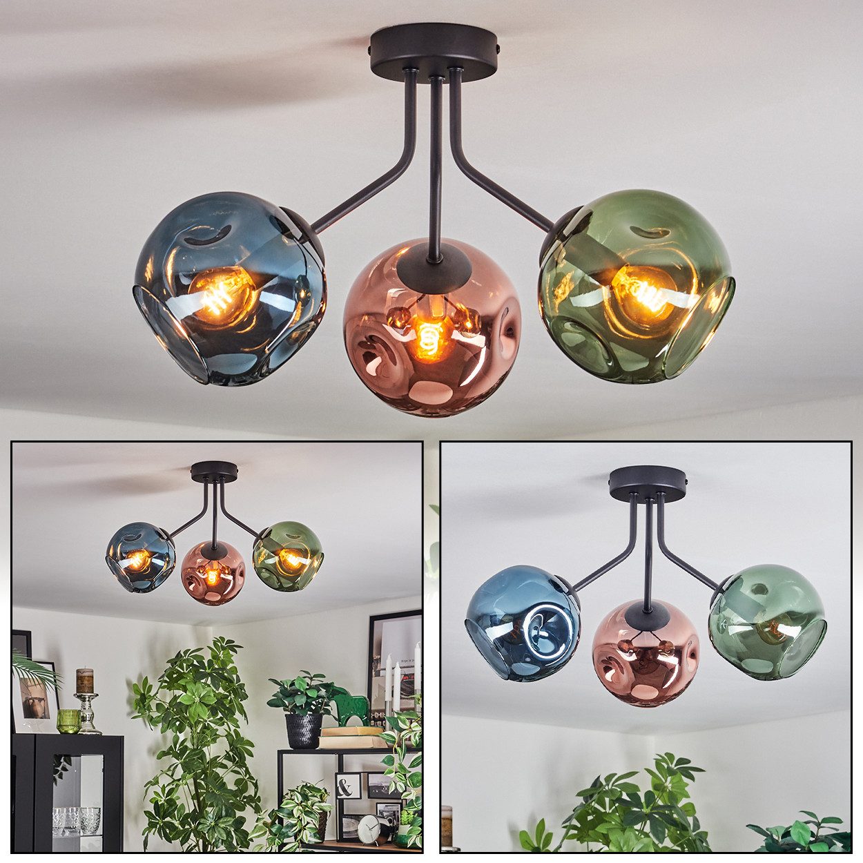 hofstein Deckenleuchte Deckenlampe aus Metall/Glas in Schwarz/Kupferfarben/Blau/Grün, Deckenleuchte im Retro/Vintage-Design (Schirme Ø 15 cm), 3 x E14