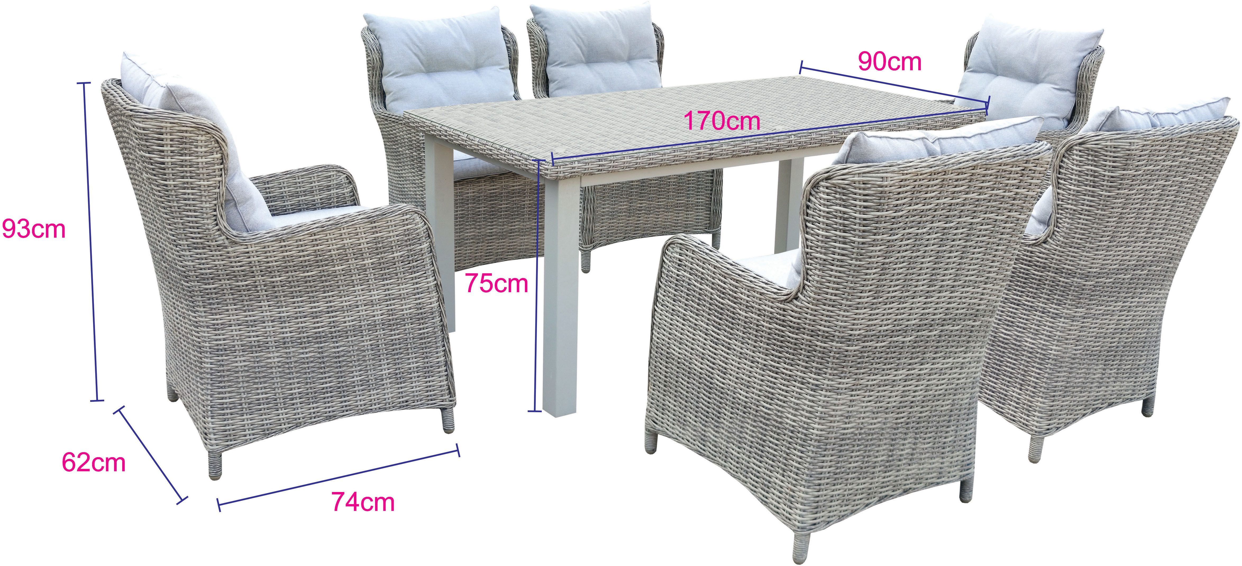 KONIFERA Garten-Essgruppe Seattle, (Set, 19-tlg., 6x Sessel, 1xTisch 170x90 cm, inkl. Auflagen, Polyrattan, Aluminium), Tischbeine aus Akazie, Tischplatte aus 5mm starkem Sicherheitsglas