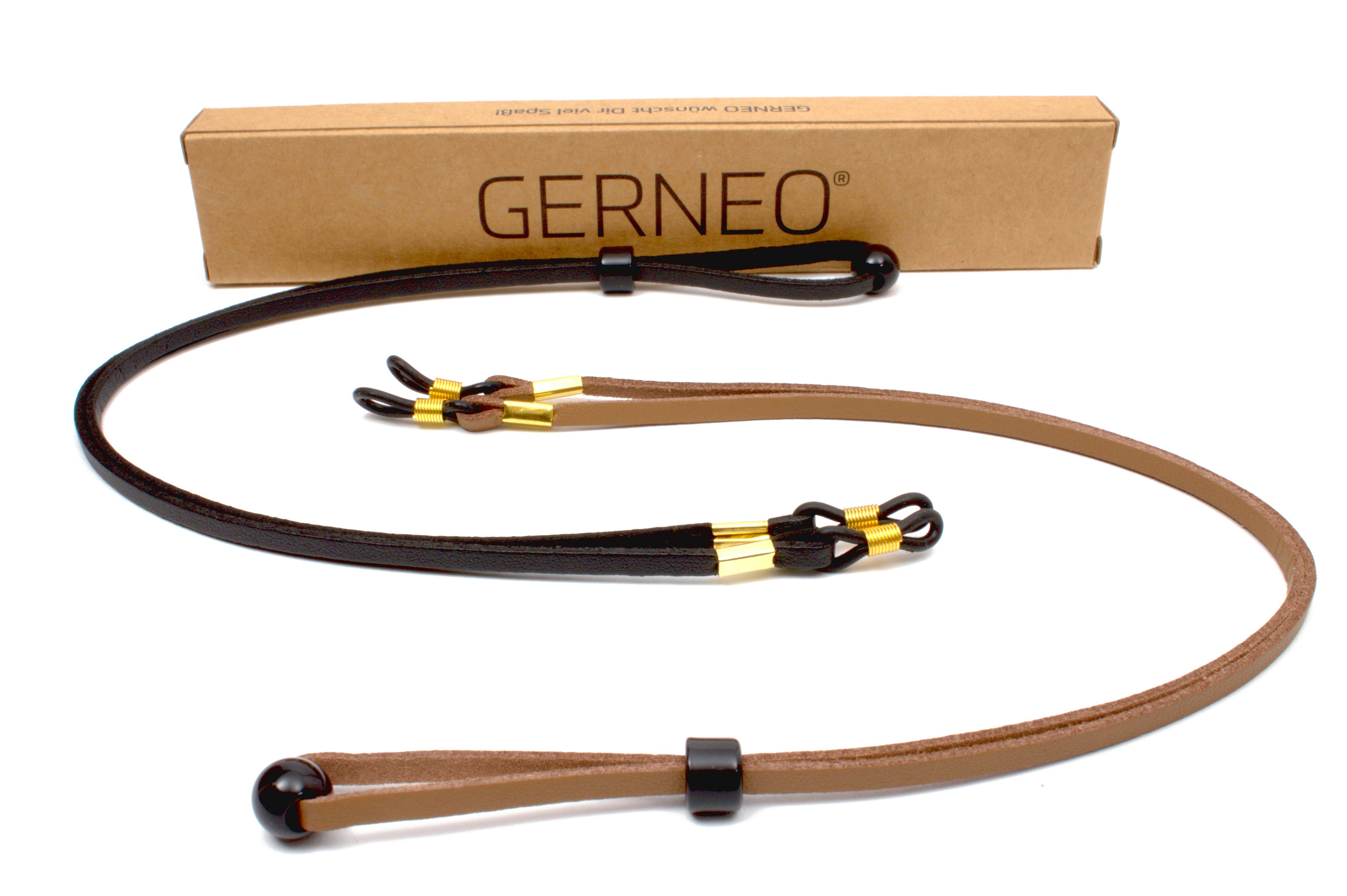 GERNEO Brillenband GERNEO® - Bilbao – hochwertiges Brillenband Leder- & Wildlederoptik, PU Brillenkordel – Band schwarz & hellbraun – Halterungen gold