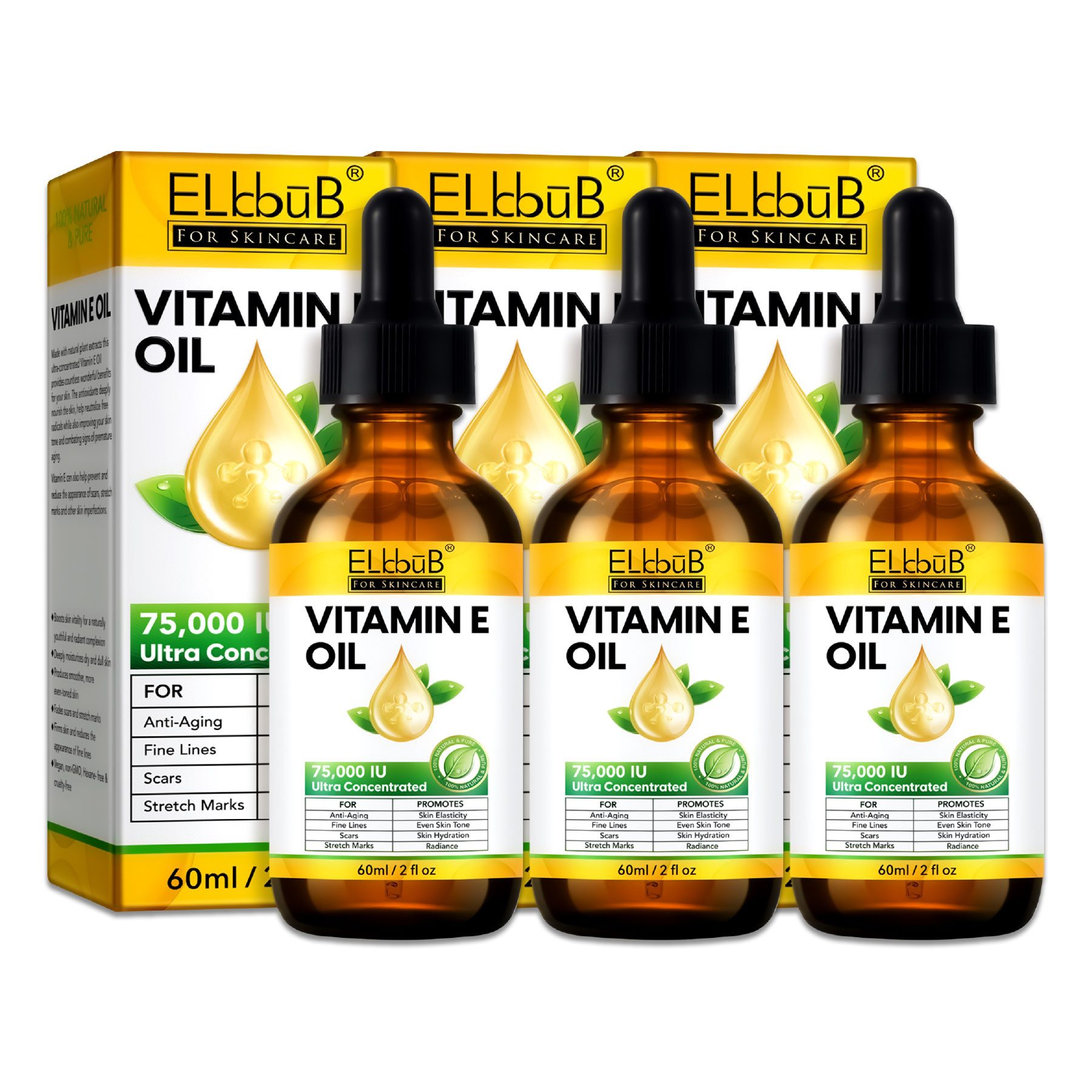 P-Beauty Cosmetic Accessories Gesichtsöl Hautöl Vitamin E Öl Hautstraffung Narbenreduzierung 75.000 IE Vegan, 3-tlg., Hautöl, Gesichtspflege, Vitamine E, Gesicht
