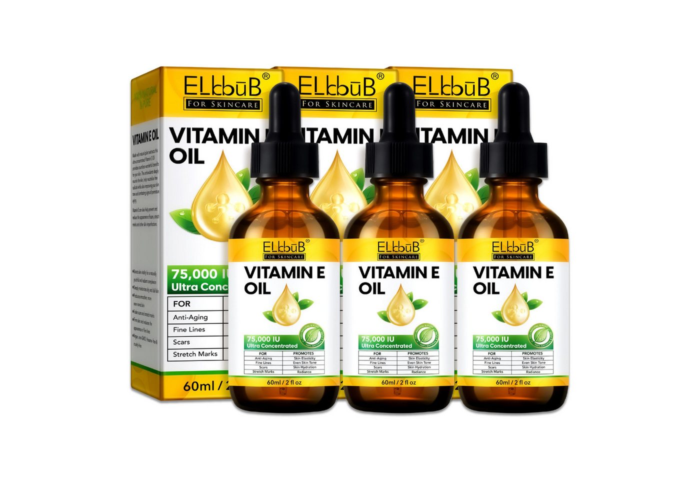 P-Beauty Cosmetic Accessories Gesichtsöl Hautöl Vitamin E Öl Hautstraffung Narbenreduzierung 75.000 IE Vegan, 3-tlg., Hautöl, Gesichtspflege, Vitamine E, Gesicht
