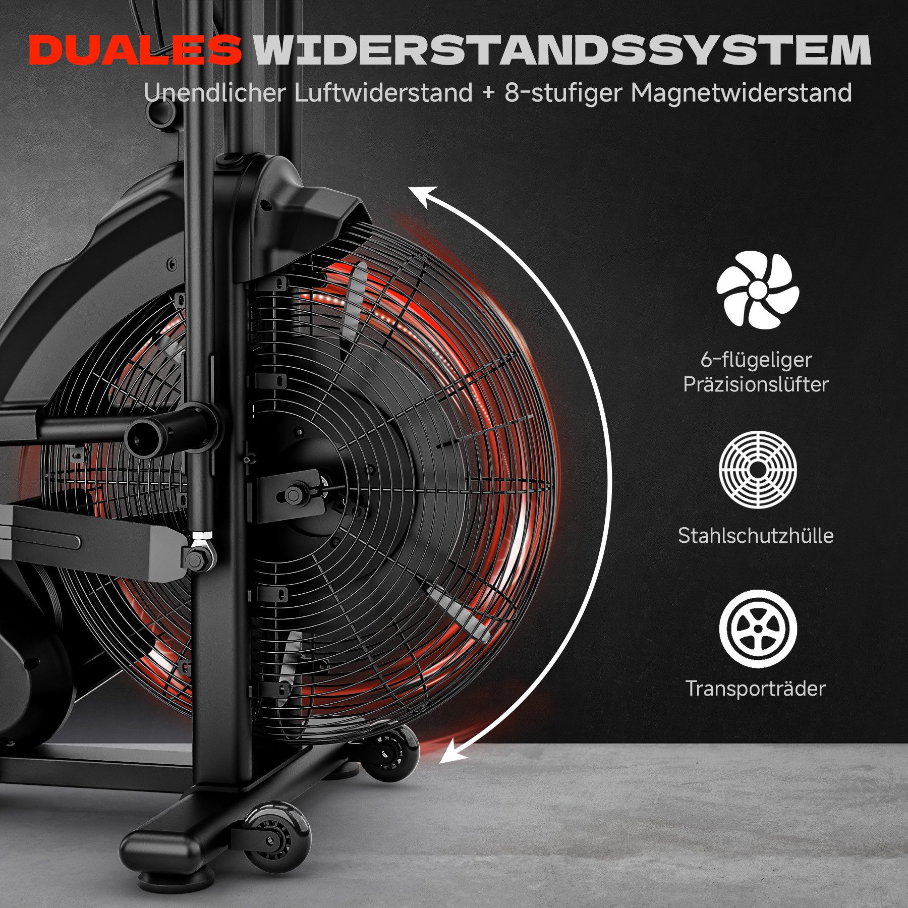 Eryntix Heimtrainer Air Bike, Heimtrainer Fahrrad mit Luftwiderstand, Belastbar bis 160 kg (1-tlg., leises Indoor-Fitnessbike, LCD Monitor, App Verbindung), Tra – Bild 3 von 5