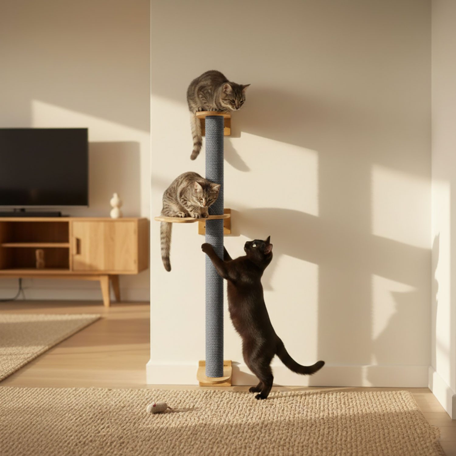 eyepower Kratzbaum zur Wandmontage - 102 cm Wandkratzbaum für Katzen mit 1 Bambus Plateau, Sisalstamm Wand - Katzenkratzbaum platzsparend - Kletterwand Katze