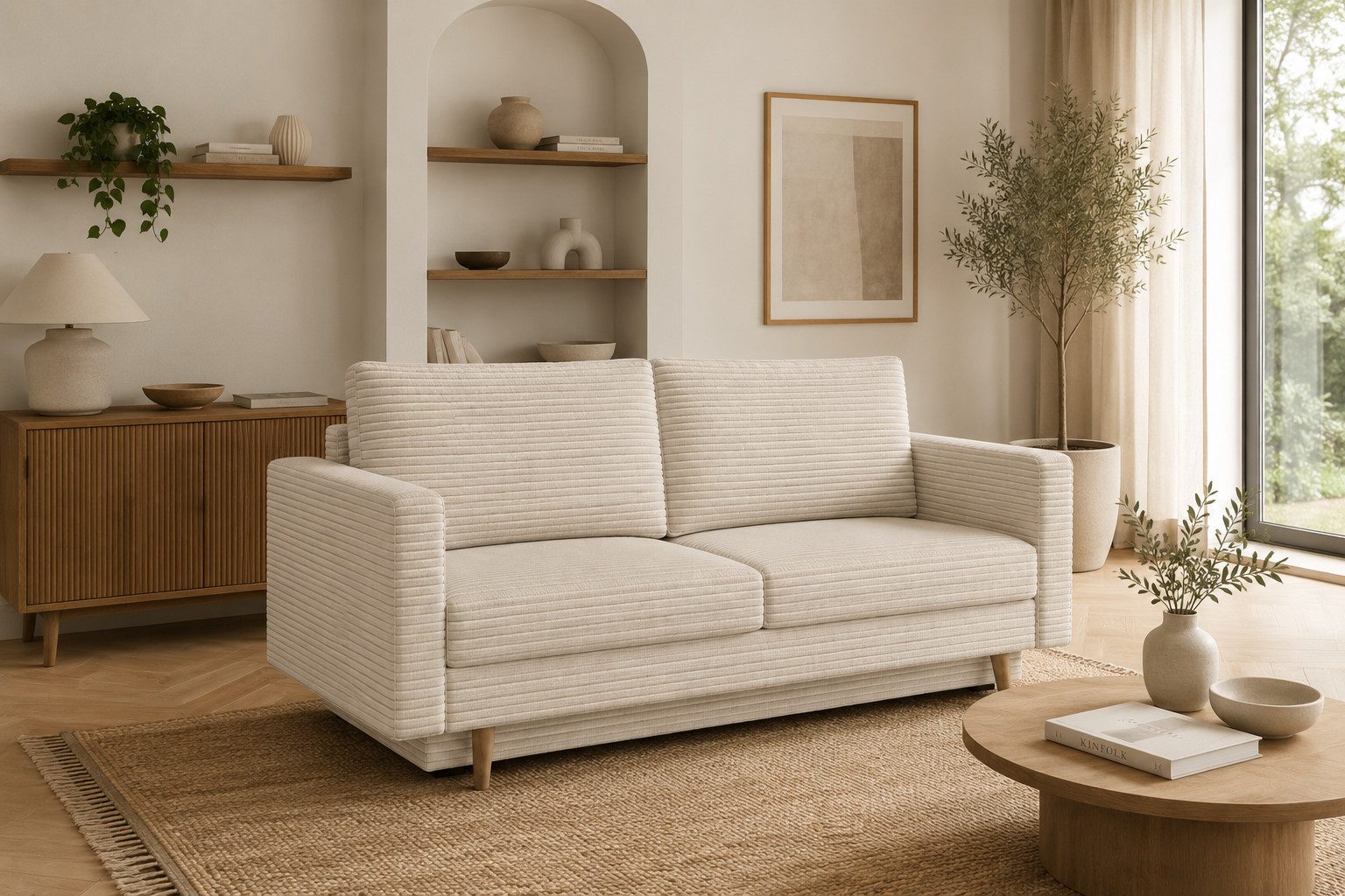MOEBLO Sofa Marbella, modernes Schlafsofa 3-Sitzer Sofa mit Strukturstoff, Bettkasten & Liegefunktion, elegantes Design, hoher Sitzkomfort & stilvolle Gemütlichkeit, Couch Polstermöbel Sitzmöbel Wohnzimmermöbel Stoffsofa, (BxHxT): 232x90x97 cm