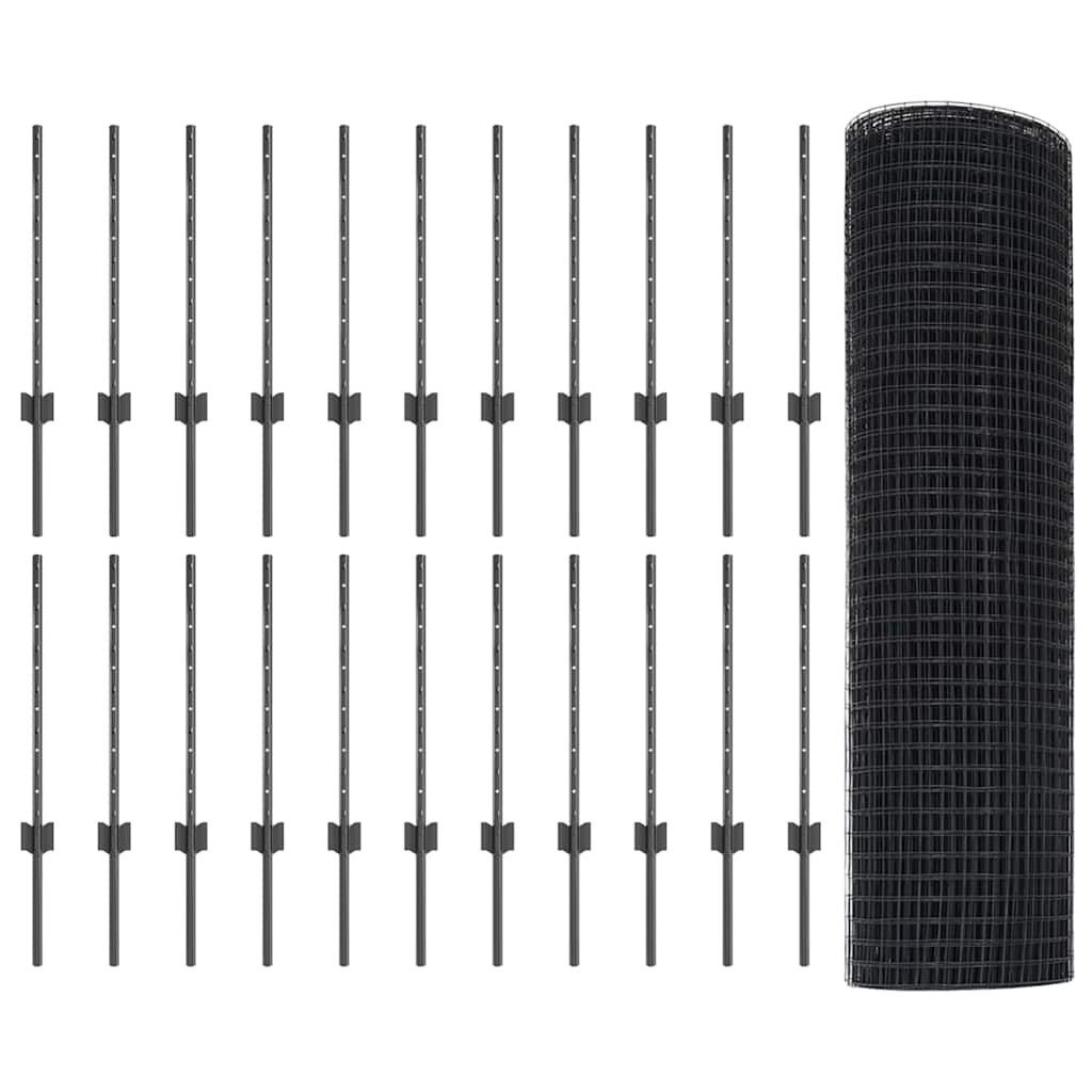 vidaXL Gartenzaun Geschweißter Drahtzaun mit Pfosten 50 x 0,6 m Grau Netz, (1-St)