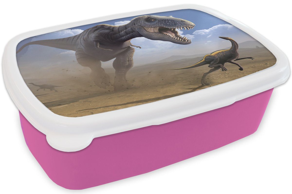MuchoWow Lunchbox rosa Brotdose für Snackbox, Wildlife Kinder, - Mädchen, Kinder - Erwachsene, Brotbox Kunststoff, Kinder - (2-tlg), Zeichnung Kunststoff - Dino Kinder, 
