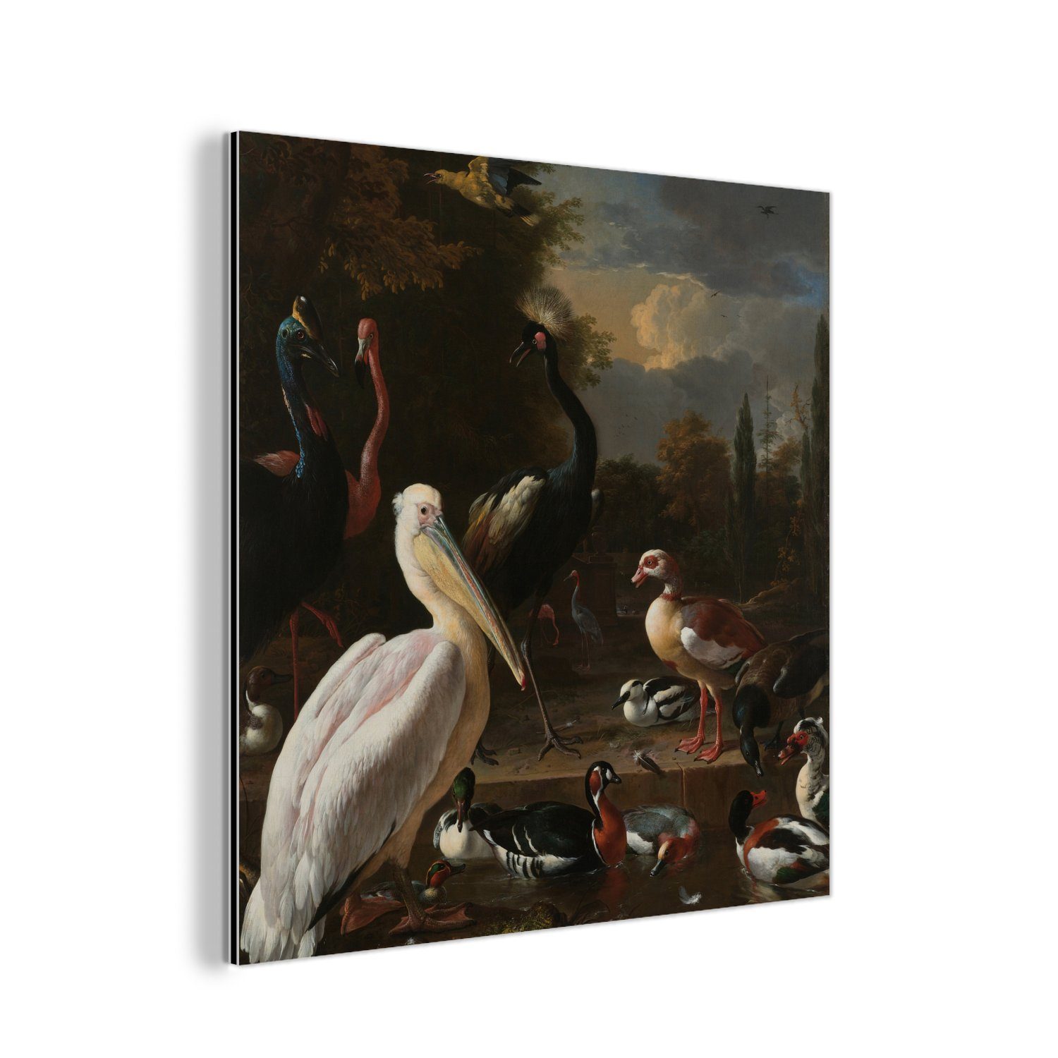 MuchoWow Metallbild Ein Pelikan und andere Vögel in der Nähe eines Wasserbeckens - Gemälde, (1 St), Alu-Dibond-Druck, Gemälde aus Metall, Aluminium deko