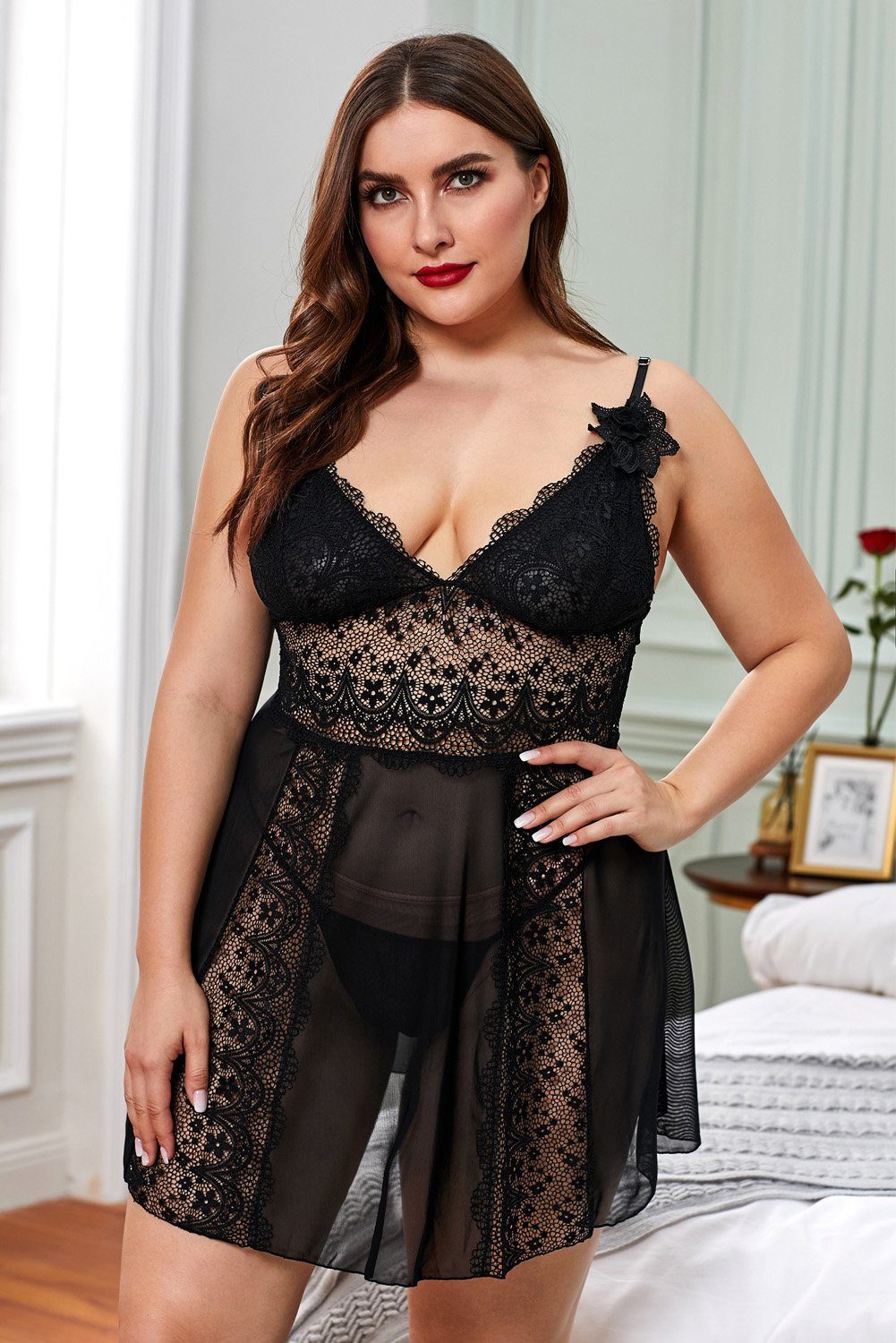 Organza Lingerie Negligé Plus Size mit toller Passform und Spitzendetails, Dessous große Größen – Bild 2 von 5