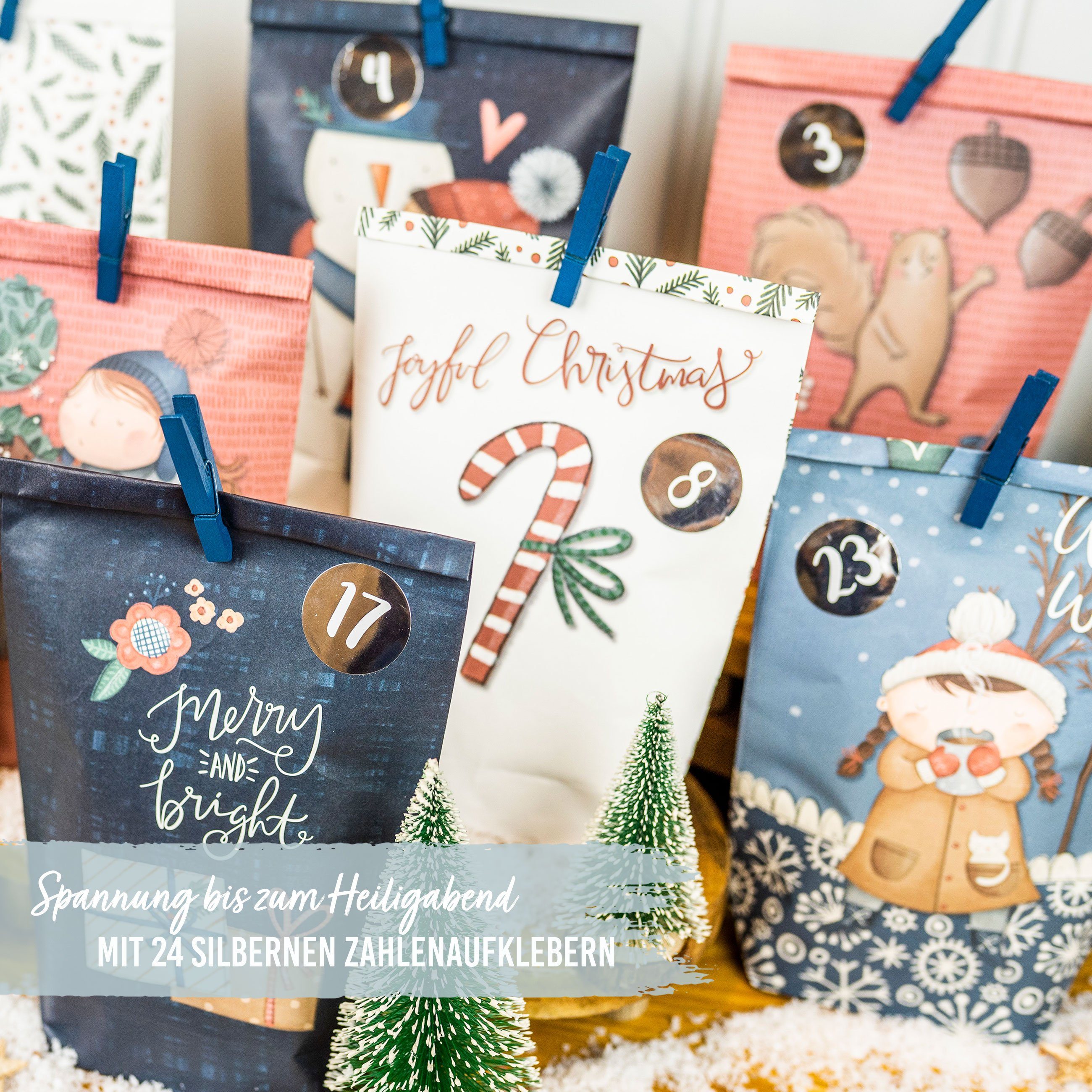 PAPIERDRACHEN befüllbarer Adventskalender Adventskalender mit bedruckten Tüten, Adventskalender zum selber befüllen