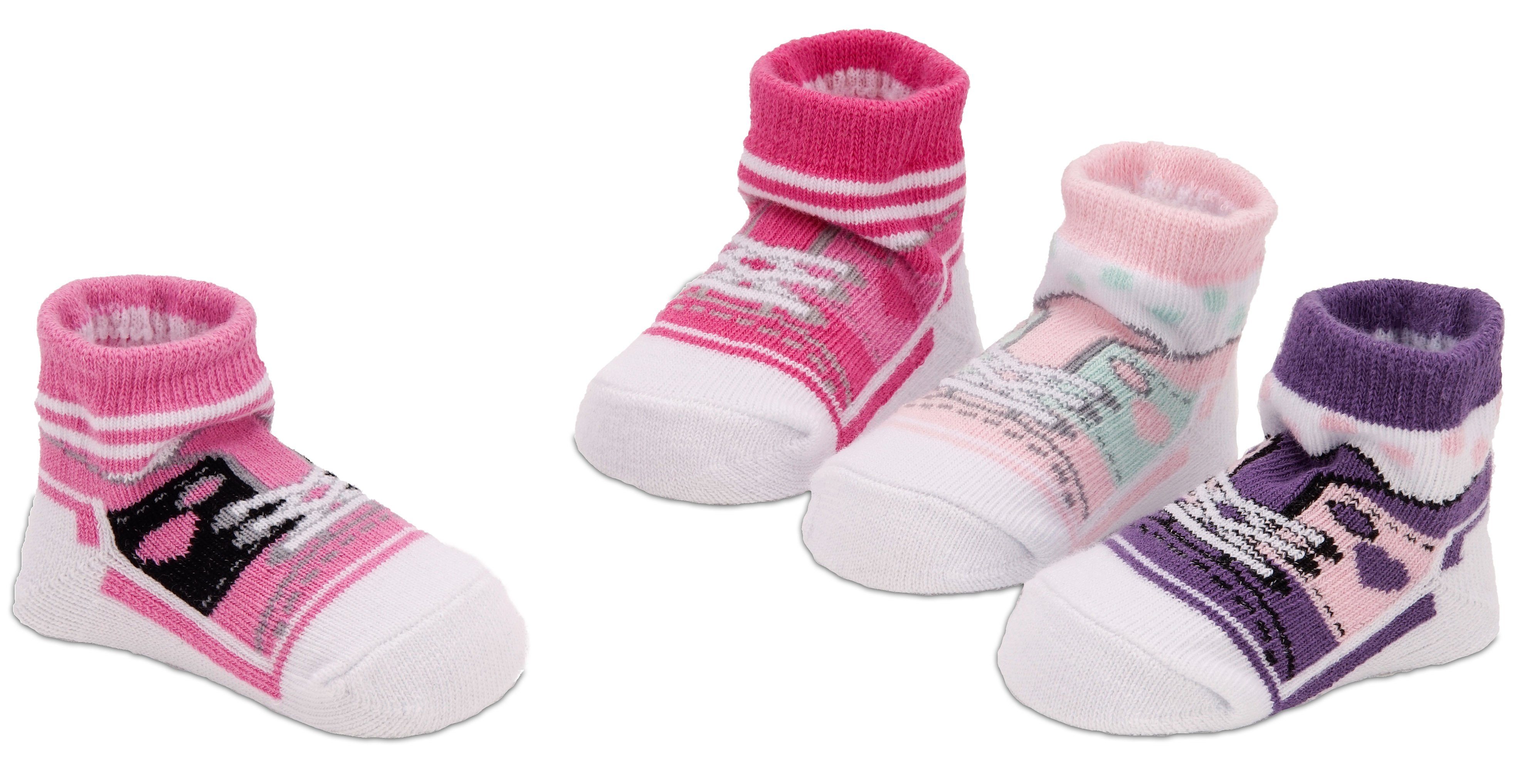 BRUBAKER Socken Babysocken für Mädchen 0-12 Monate (4-Paar, Baumwollsocken im Sneaker Style) Turnschuh Design Baby Neugeborene Geschenkset in Geschenkverpackung