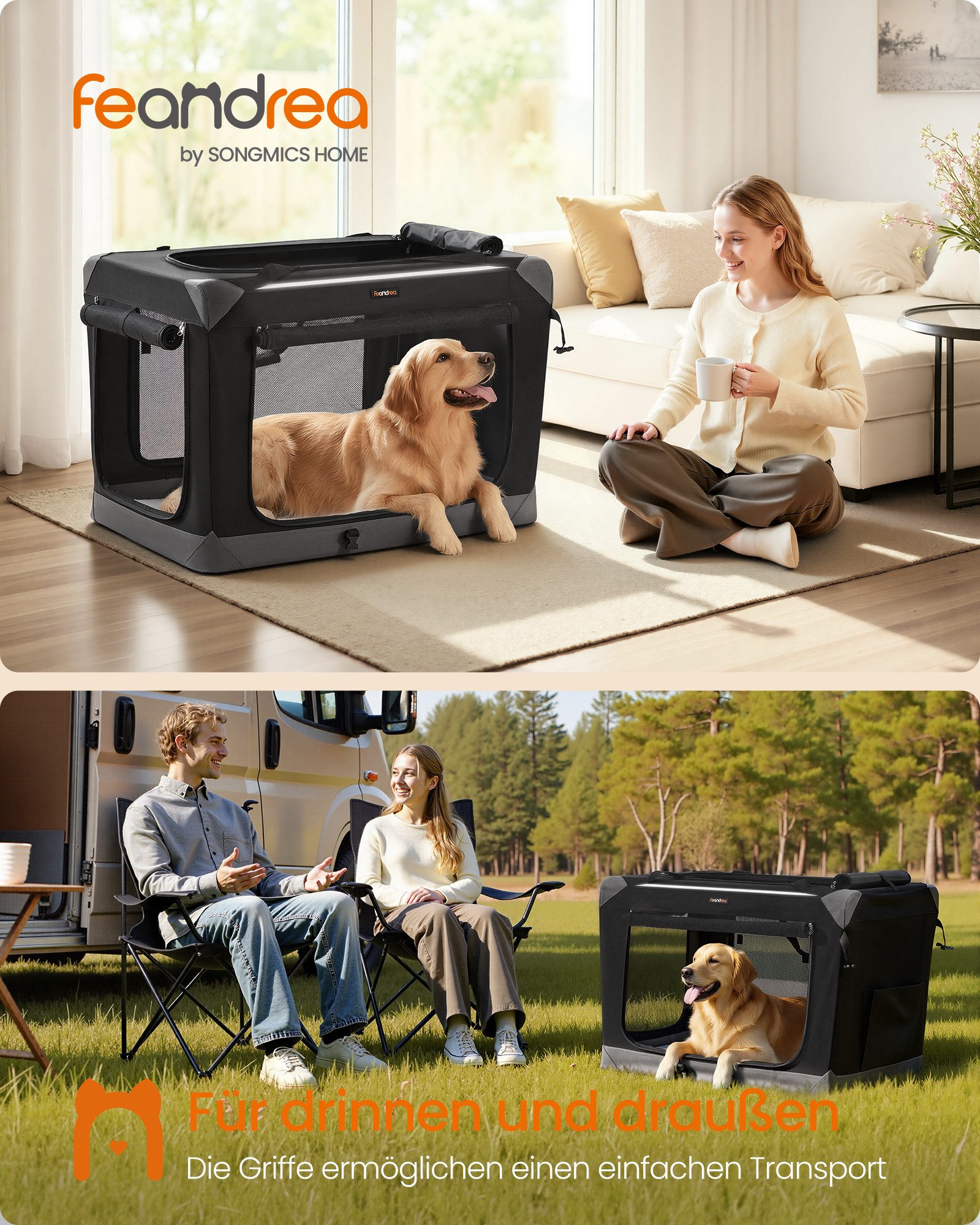 FEANDREA Hunde-Transportbox Hundebox faltbar, Hundetasche, Oxford-Gewebe, tintenschwarz-taubengrau, mit 4 Türen aus Netzstoff, Griffen, Tasche, 91,4 cm, für große Hunde
