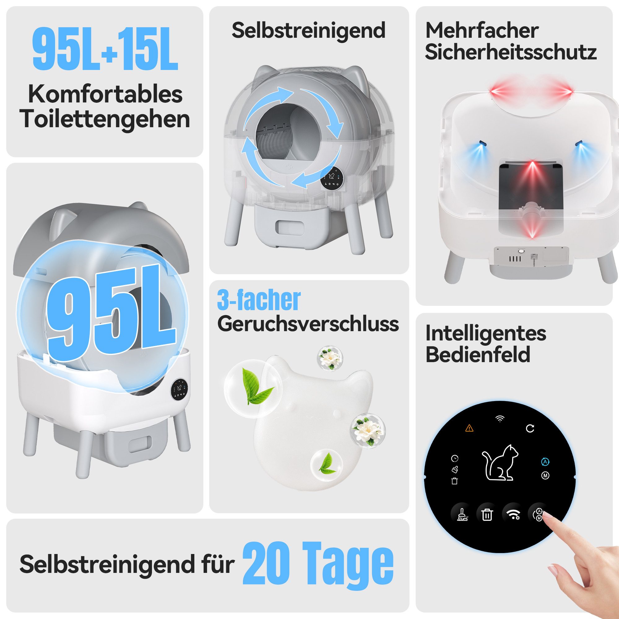 HOMALL Katzentoilette 95L+15L Katzenklo Selbstreinigend, Tastatursteuerung, Statusanzeige, App-Steuerung, Große Kapazität,Bedienpanel,Sandabweisplatte