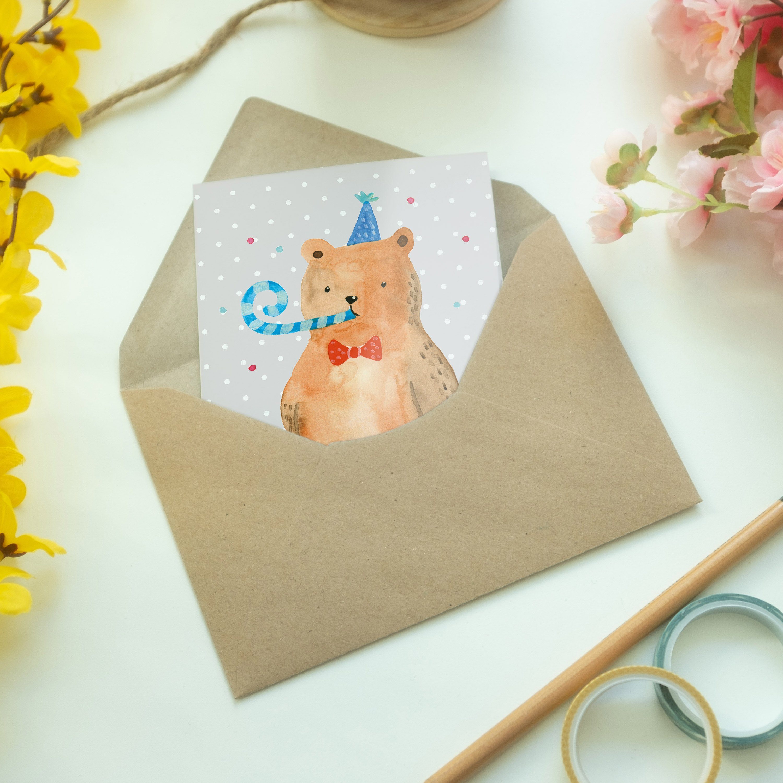 Mr. & Mrs. Panda Birthday - Klappkarte, - Glückwunschkarte Bär Pastell Grau Geschenk, Grußkarte
