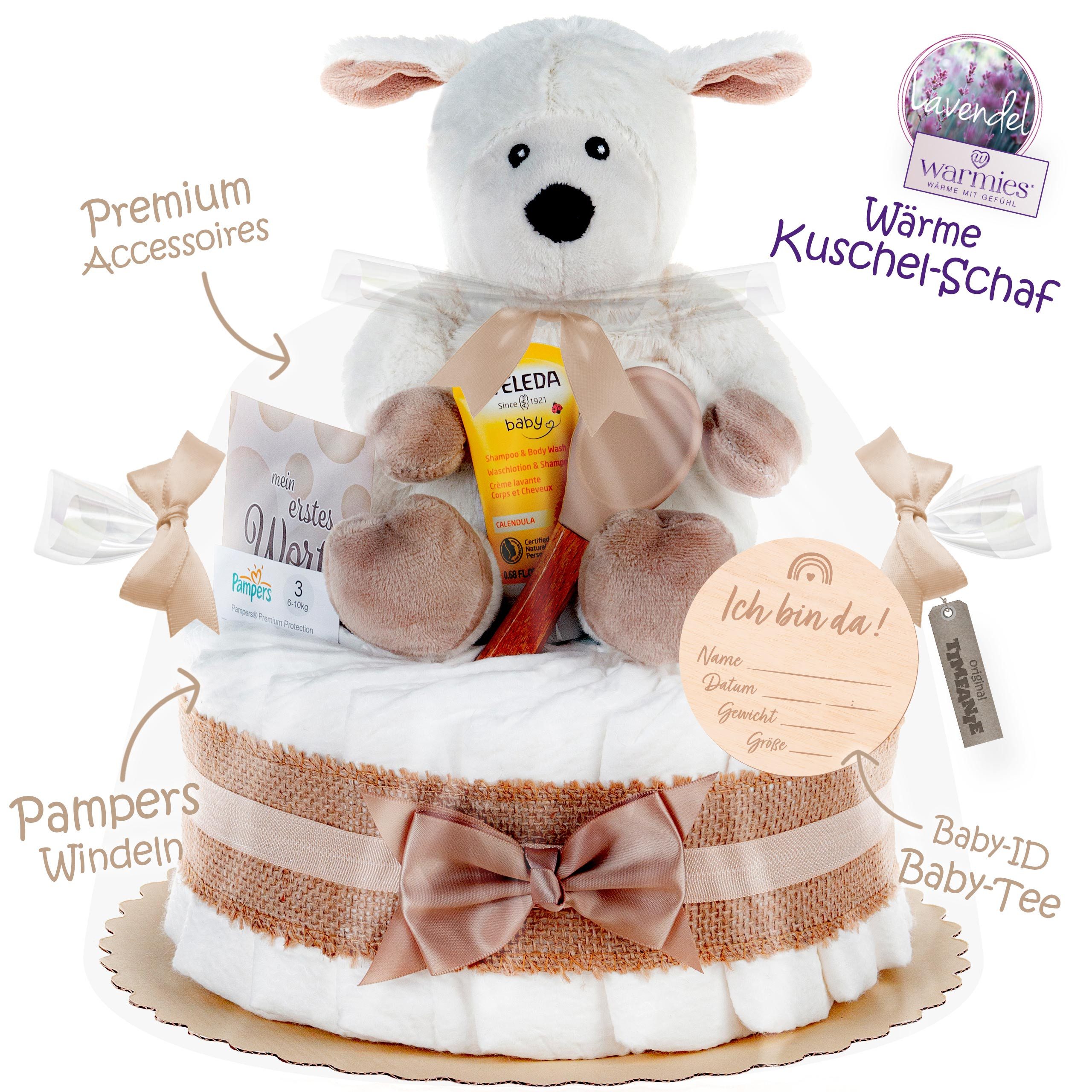 Timfanie Windeln & Wow, Windeltorte mit Warmies® Schaf, natur, 0-5 Monate (28-St., /Set: Premium Pampers + Kuscheltier + wertige Accessoires), Geschenk zur Geburt & Babyparty