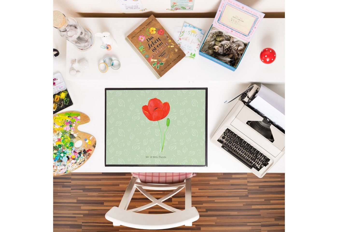 Thumbnail - Mr. & Mrs. Panda Schreibtischunterlage Blume Mohnblume - Blattgrün - Geschenk, Schreibwaren, Frühlings Deko, (Packung, 1...