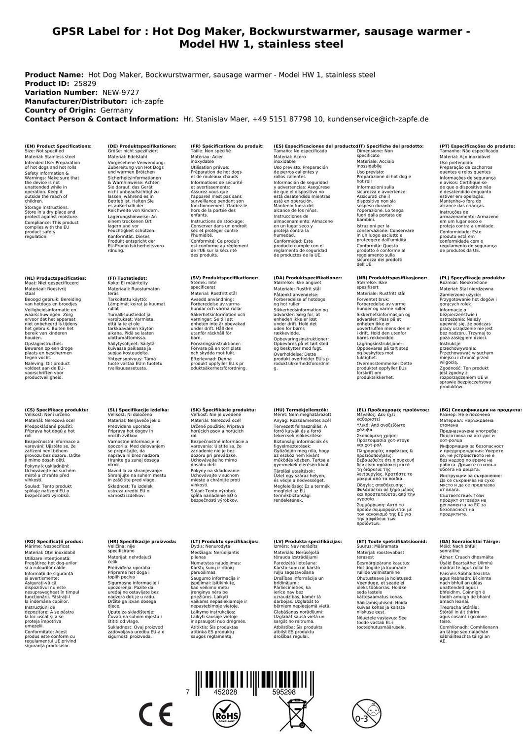 Saro Hotdog-Maker Hot Dog Maker, Würstchenwärmer, Hot Dog Steamer - Modell HW 1