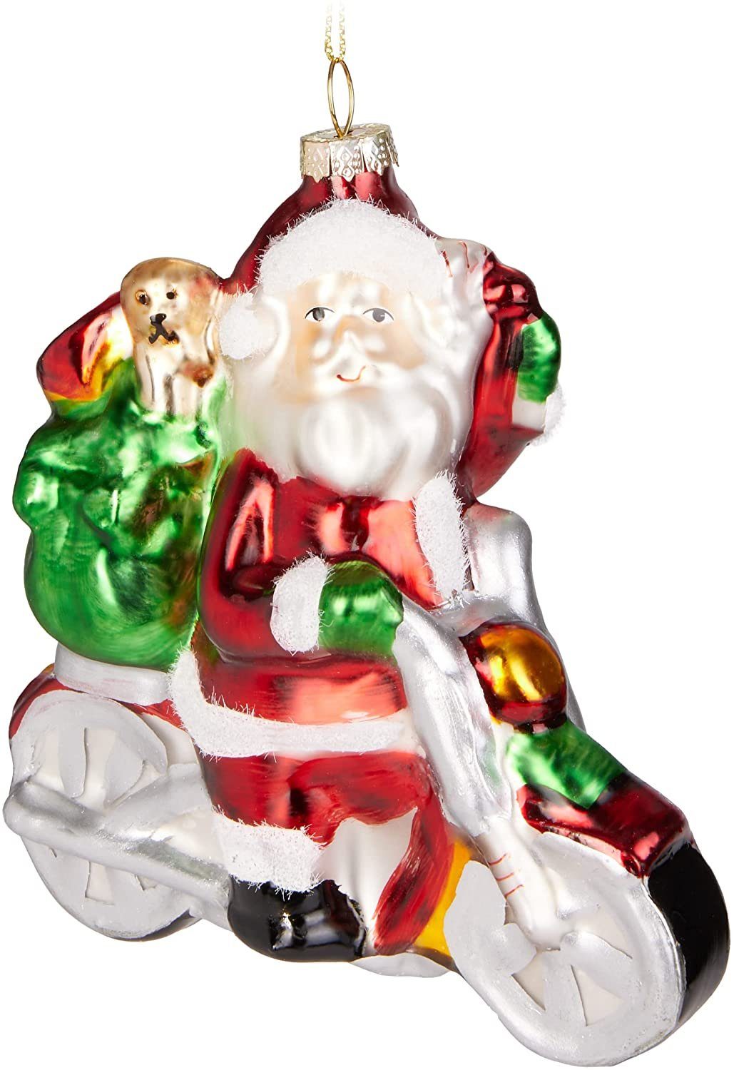 BRUBAKER Christbaumschmuck Weihnachtsmann auf Motorrad Rot Grün (1-tlg), Santa mit Hund - Handbemalte Weihnachtskugel aus Glas - Mundgeblasene Weihnachtsbaumkugel Figuren Deko Anhänger Lustige Baumkugel - 11,2 cm