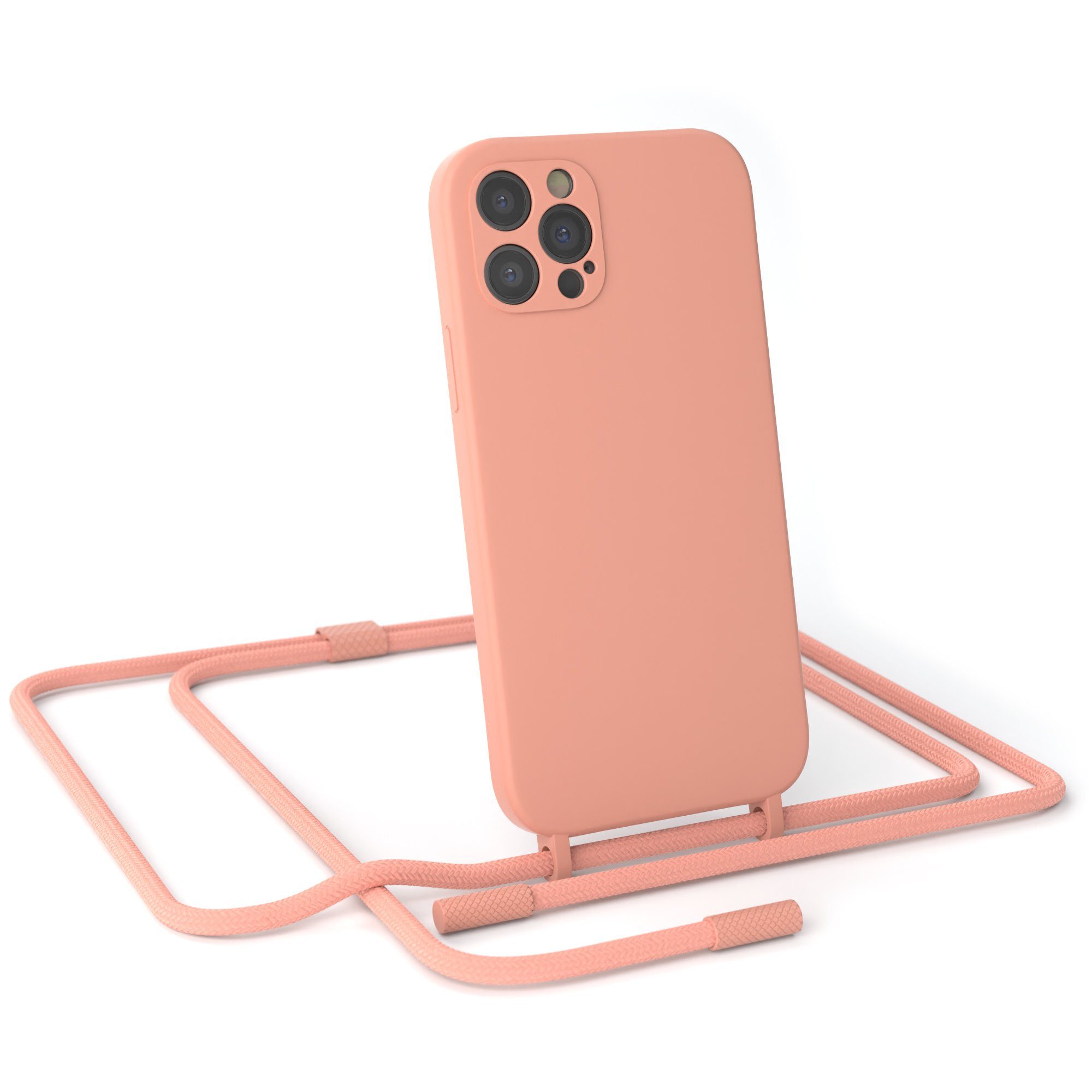 EAZY CASE Handykette Runde Kette für Apple iPhone 12 Pro 6,1 Zoll, Hülle mit Band 2in1 Handyband Etui Case mit Kordel Altrosa Koralle