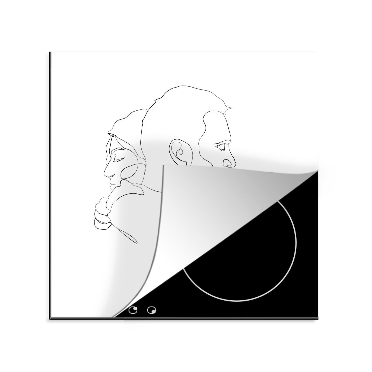 MuchoWow Herdblende-/Abdeckplatte Abstrakte Strichzeichnung eines sich umarmenden Paares im Quadrat, Vinyl, (1 tlg), 78x78 cm, Ceranfeldabdeckung, Arbeitsplatte für küche