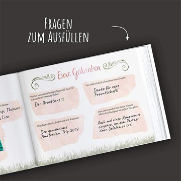 bigdaygraphix Notizbuch Hochzeits-Gästebuch Boho Flowers mit Fragen, Vorgefertigte Fragen für besondere Einträge.