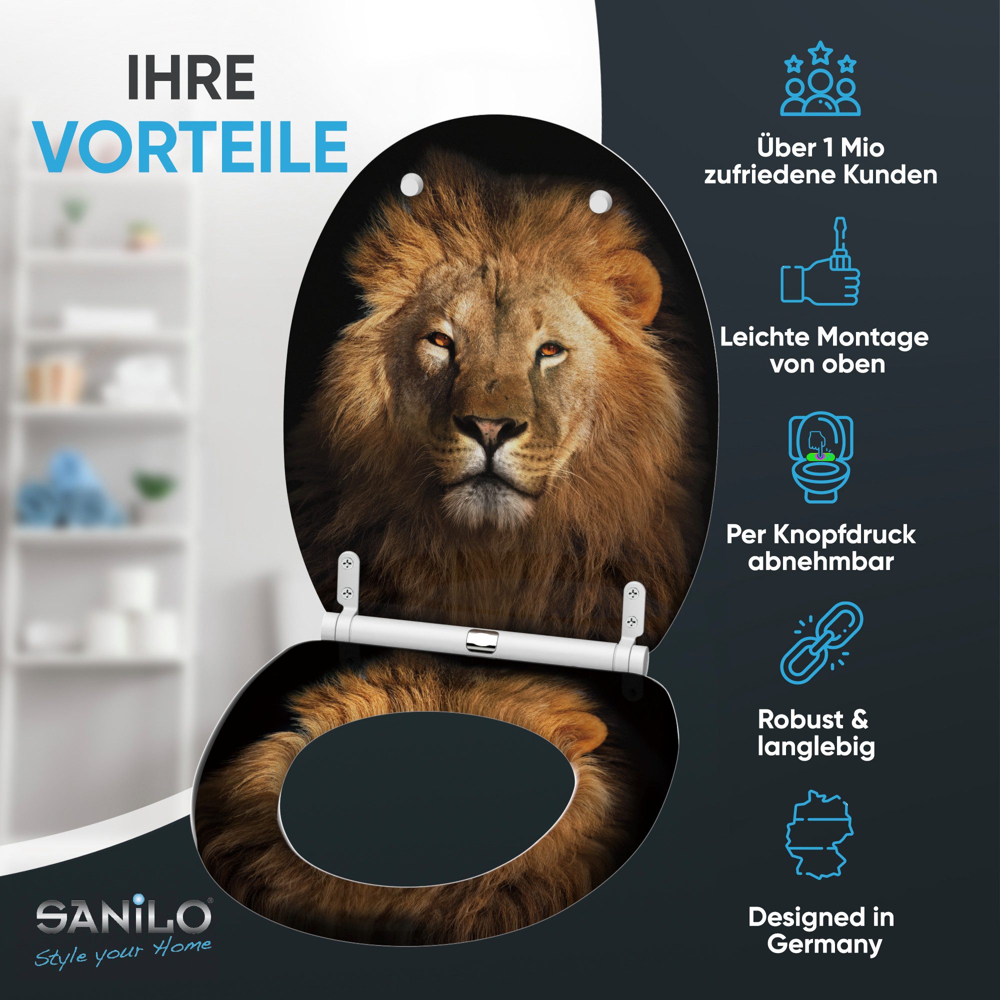 Sanilo WC-Sitz Löwe mit Absenkautomatik & Quick Release, Premium Toilettendeckel, abnehmbar, leichte Montage von oben