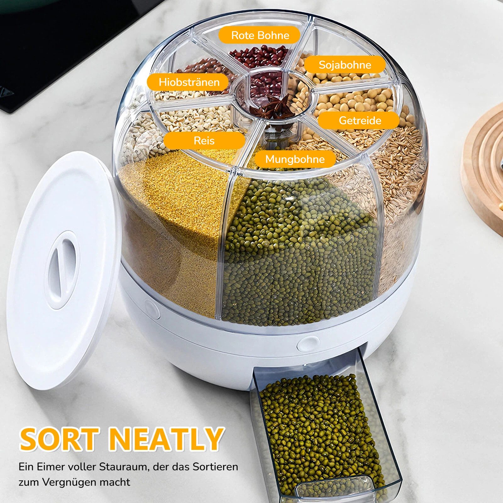 BlingBin Müslispender 360° Drehbarer Getreidespeicher, Lebensmittelspender mit 6 Fächern, PP-Kunststoff, (1er Set, 2-tlg., Abmessungen: 22 x 23,6 CM), Aufbewahr – Bild 4 von 5