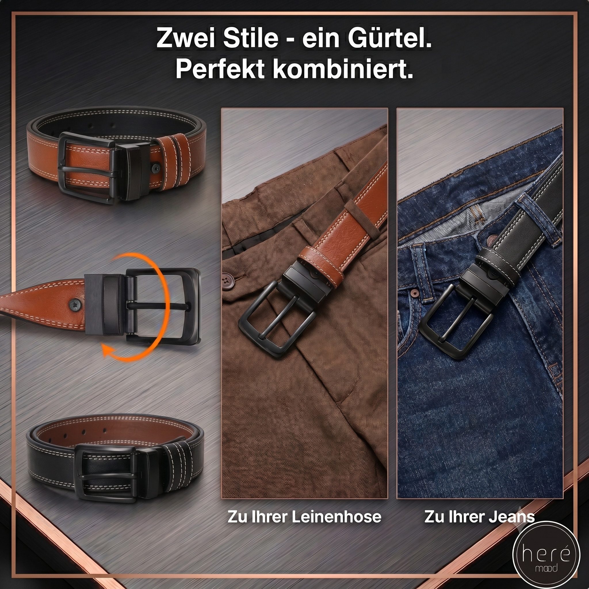 herémood Ledergürtel Herren Leder Gürtel 4cm, Ledergürtel, Herrengürtel, Vatertagsgeschenk (Gürtel Herren Cognac & Schwarz 135 cm - Premium Ledergürtel - handge – Bild 4 von 5
