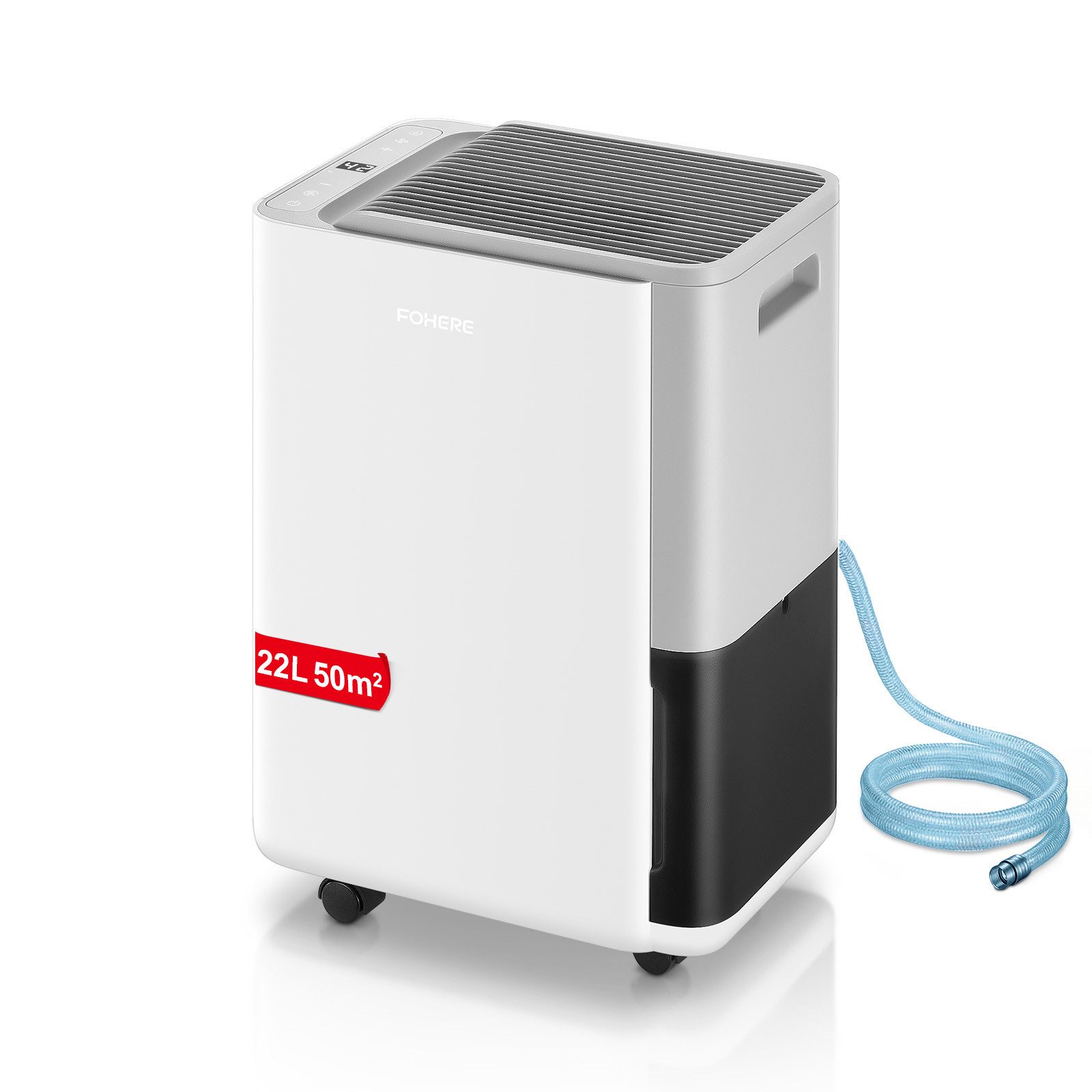 FOHERE Luftentfeuchter Elektrisch 22L/Tag, Leiser Luftentfeuchter für keller, Badezimmer, Tank 22 l, mit Hygrostat, Wäschetrocknung-Hilfe, Ablaufschlauch, Timer