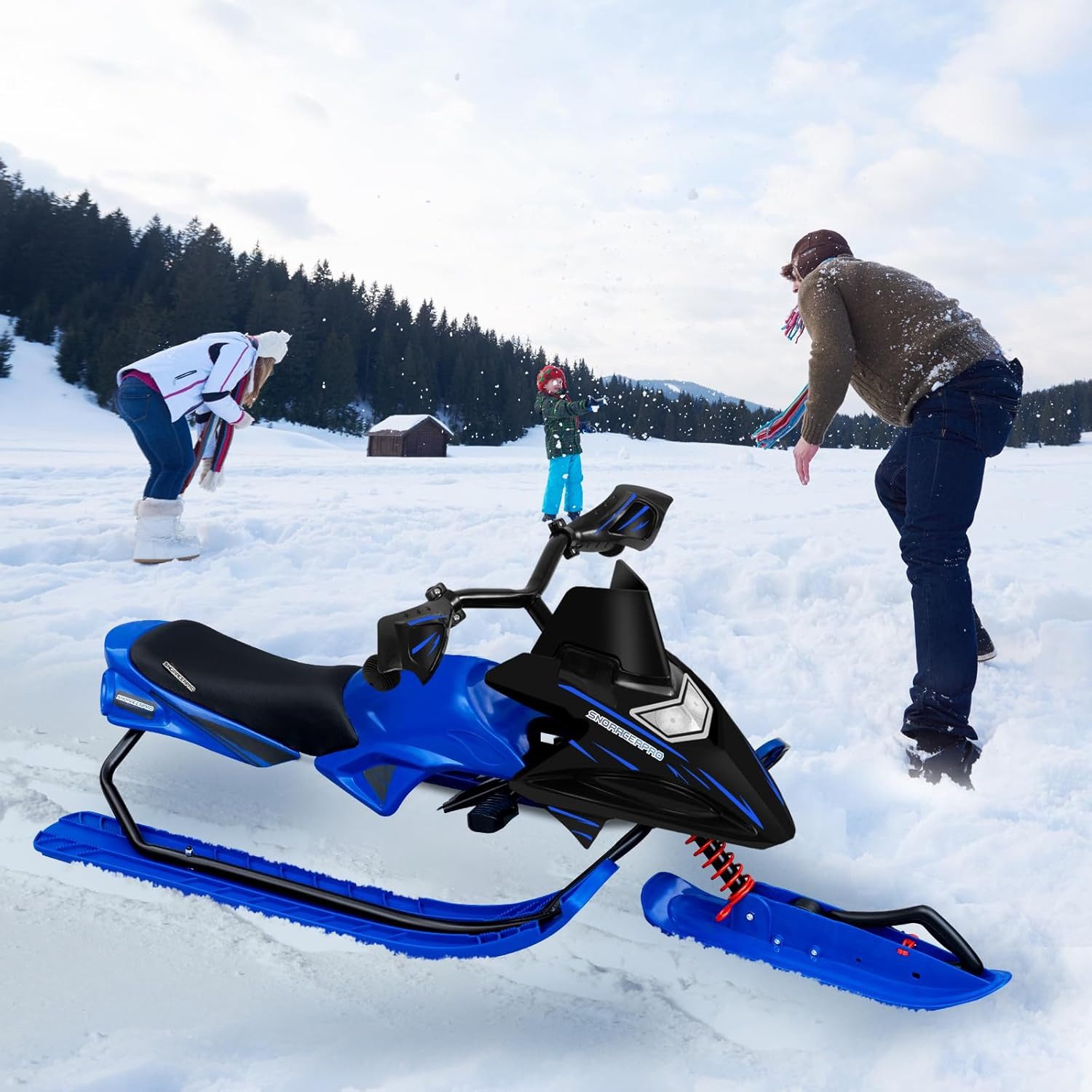 EUGAD Lenkschlitten (1-tlg), Schlitten mit Fußbremsen, automatisches Zugseil, Stoßdämpferfeder